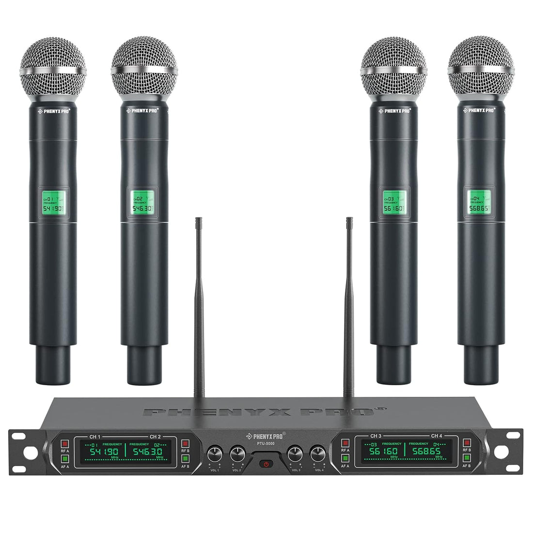 Phenyx Pro Wireless Microphone System, UHF 4 Channel Wireless Microphone, Metal Fixed Frequency Wireless Microphone with 4 Handheld Microphones for Vocal, Church, DJ (PTU-5000A)