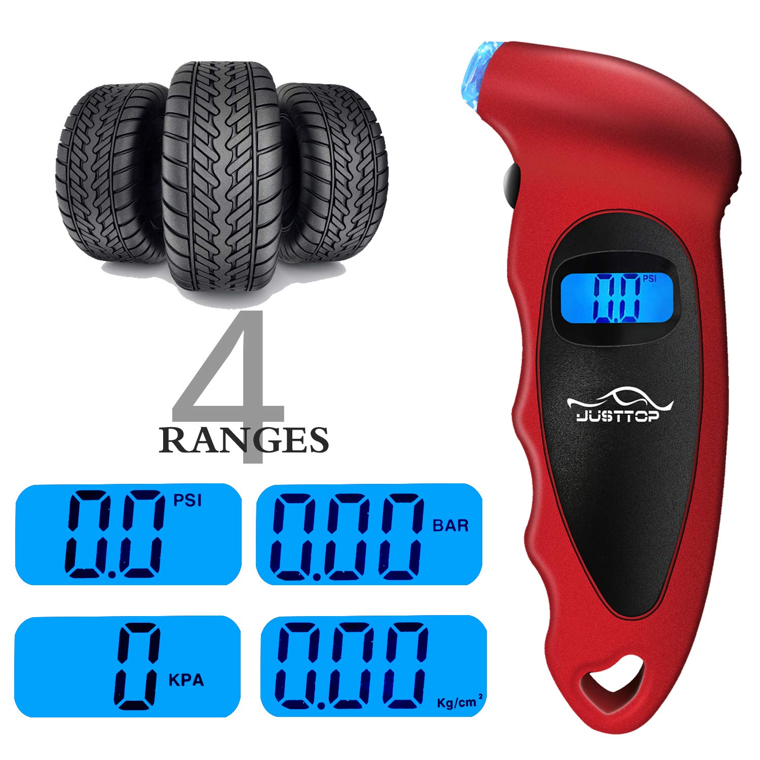 JUSTTOP 2 Pack Digital Tire Pressure Gauge, 150PSI 4 Setting for Cars, Trucks and Bicycles, Backlit LCD and Anti-Skid Grip for Easy and Accurate Reading(Red)