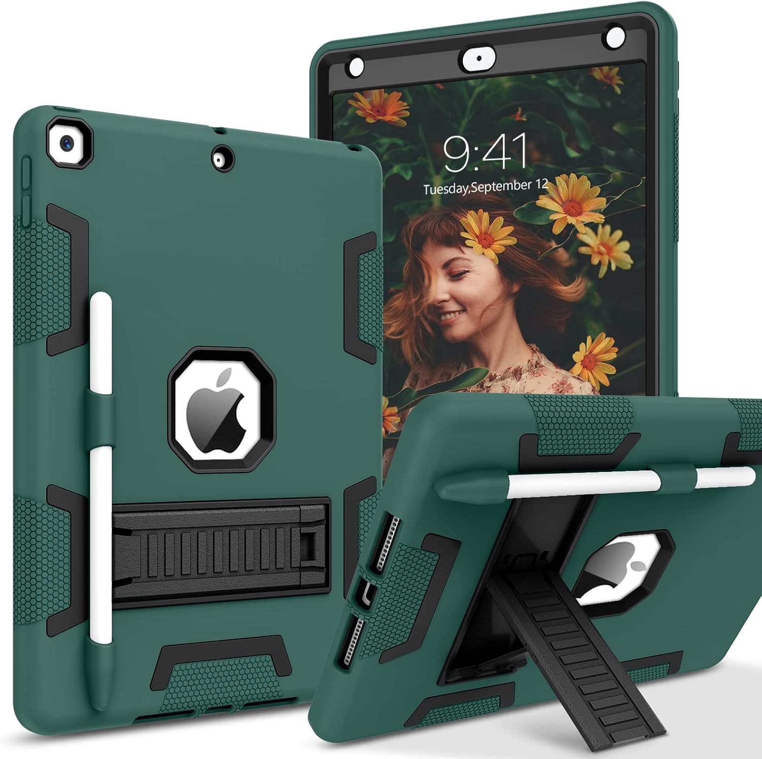 BENTOBEN iPad 9th Generation Case, iPad 8th Generation Case, iPad 7th Gen Case,iPad 10.2 Case, 3 in 1 Heavy Duty Rugged Shockproof Kickstand Hybrid Bumper Protective Girl Women Boy Cover, Dark Green