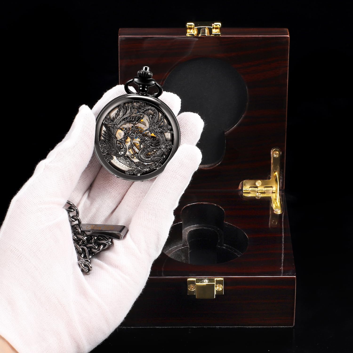 ManChDa Antique Mechanical Pocket Watch Lucky Dragon & Phoenix Black Skeleton with Box, 5-a. Black Blue+Wooden Box