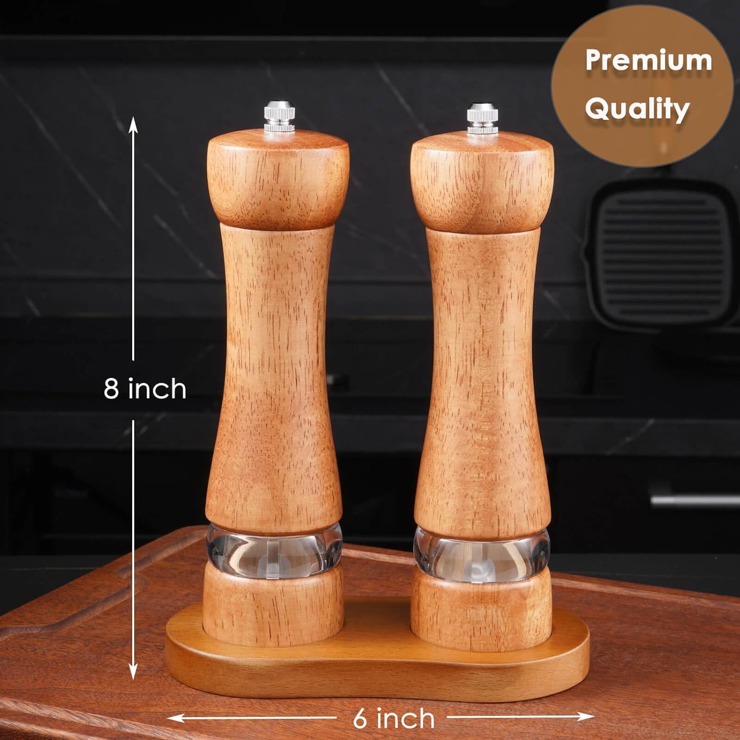 2-Piece Salt and Pepper Grinder Set, 8 Inch Tall Wooden Salt & Pepper Mill Sets with Adjustable Coarseness, Refillable Manual Pepper and Sea Salt Mills for Home Cooks (with Wooden Tray)