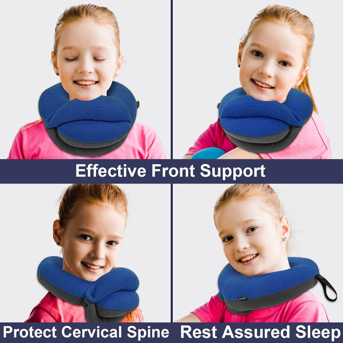 BUYUE Kids Travel Pillows for Airplane, 360° Head Support Sleeping Essentials for Boys Long Flight, Skin-Friendly Soft Neck Pillow for Traveling in Car Seat, Small, Blue Grey