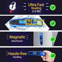 LIKEPAI Instant Read Meat Thermometer for Kitchen Cooking, Ultra Fast Precise Waterproof Digital Food Thermometer with Backlight, Magnet and Foldable Probe for Deep Fry, Outdoor BBQ, Grill(Blue)