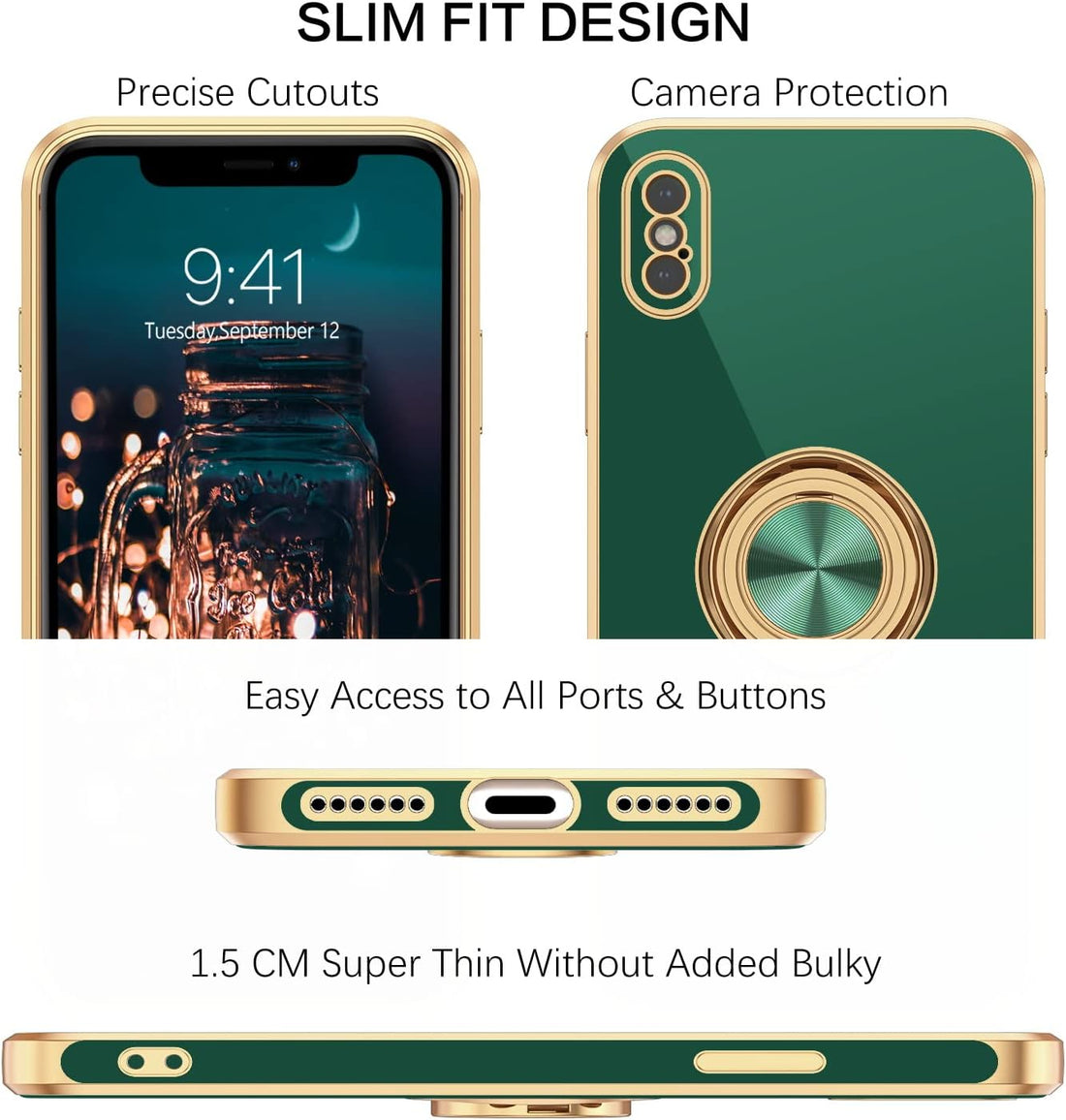 BENTOBEN iPhone Xs Case, Phone Case iPhone X, Slim Fit Sparkly Kickstand Ring Holder Design Shockproof Protection Soft TPU Bumper Drop Protective Girls Women Boys iPhone Xs/X 5.8" Cover, Green/Gold