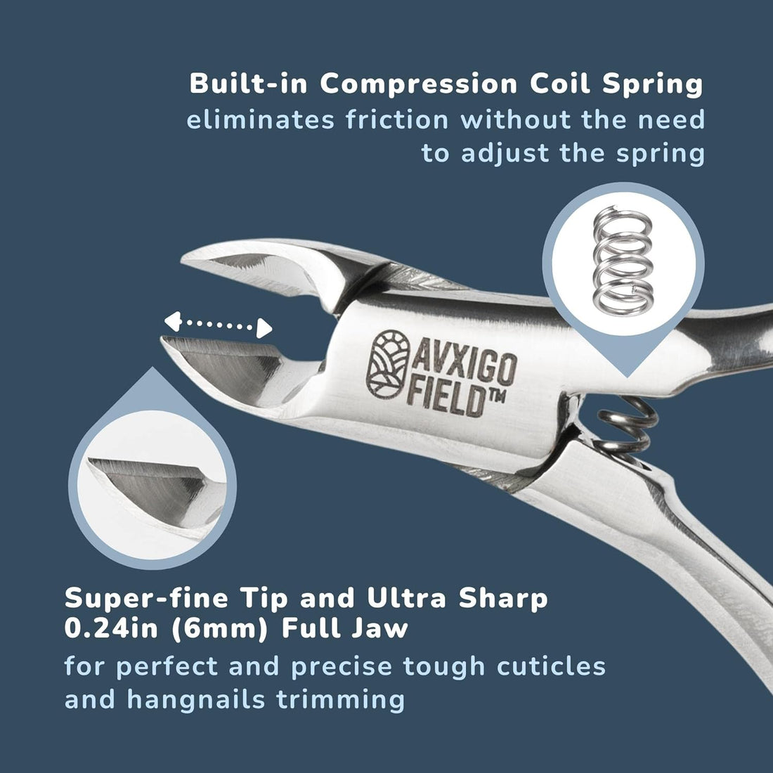 AVXIGO FIELD Professional Cuticle Nipper - Built-in Compression Coil Spring with Full Jaw Surgical Grade Silver Stainless Steel Cuticle Trimmer