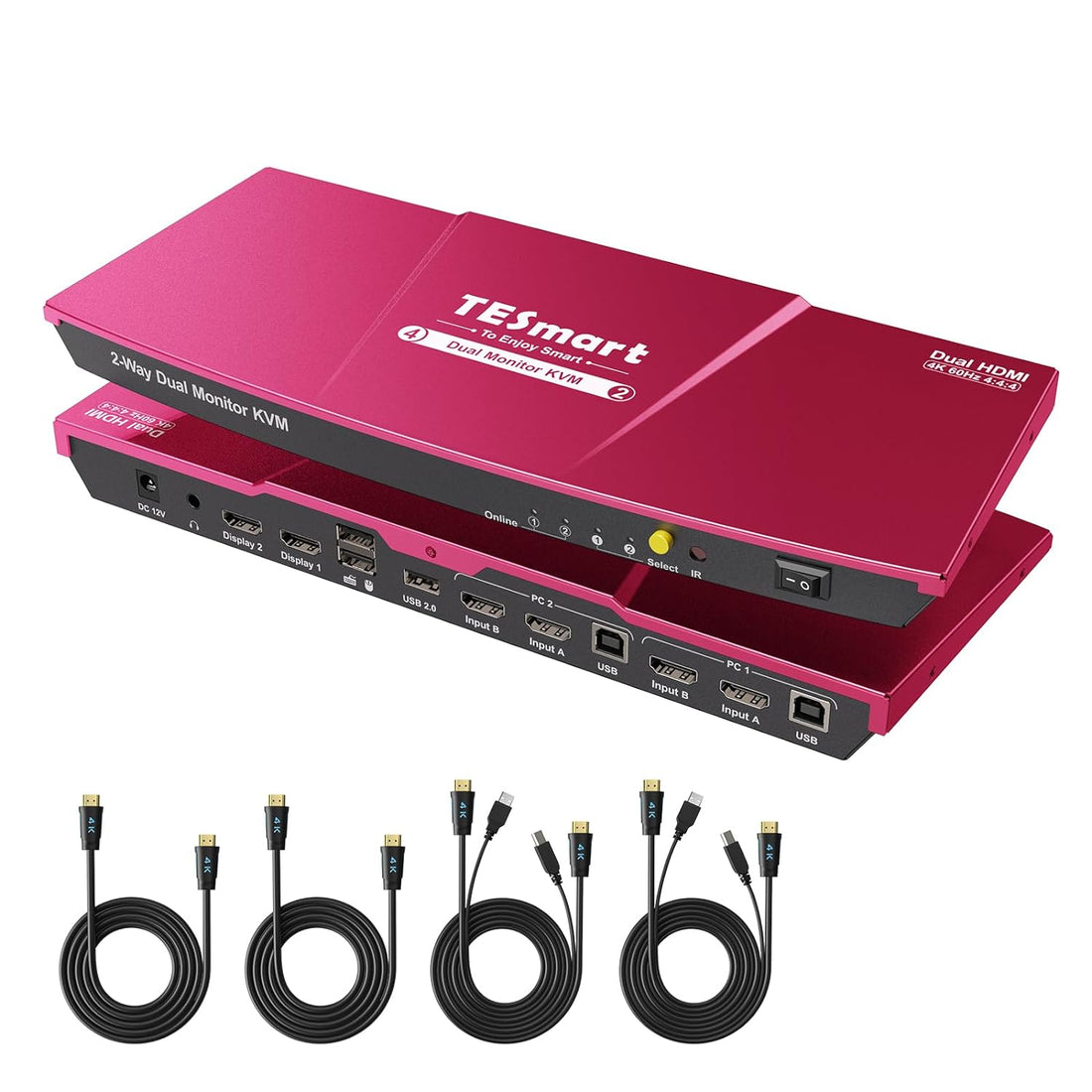 TESmart Dual HDMI 4x2 Dual Monitor KVM Switch 2 Port Updated 4K @60Hz, Support HDCP 2.2(Red)