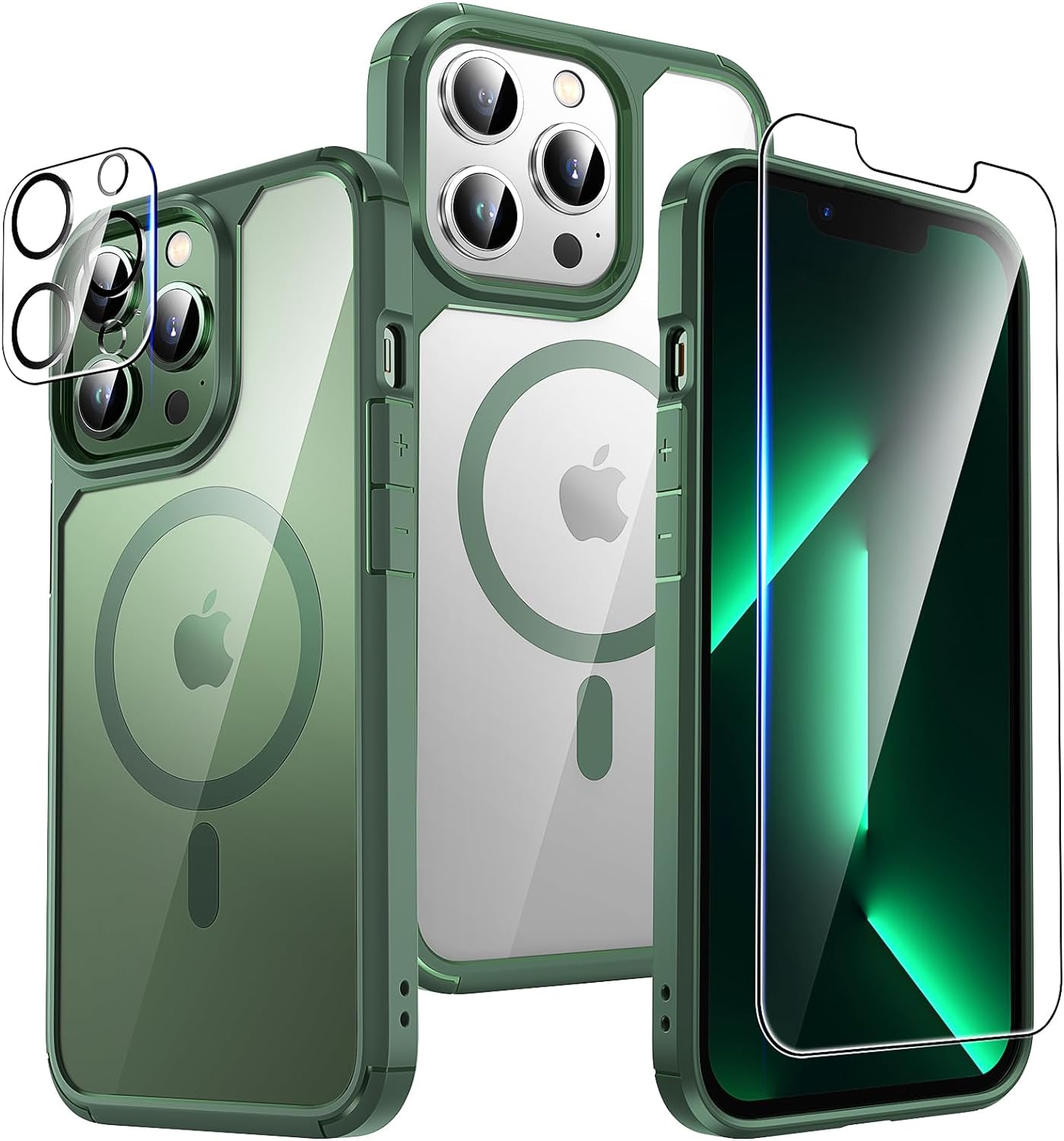 TAURI 5-in-1 Magnetic for iPhone 13 Pro Max Case Green, [Designed for Magsafe] with 2X Screen Protectors +2X Camera Lens Protectors, [Not-Yellowing] Shockproof Slim Phone Case for iPhone 13 Pro Max