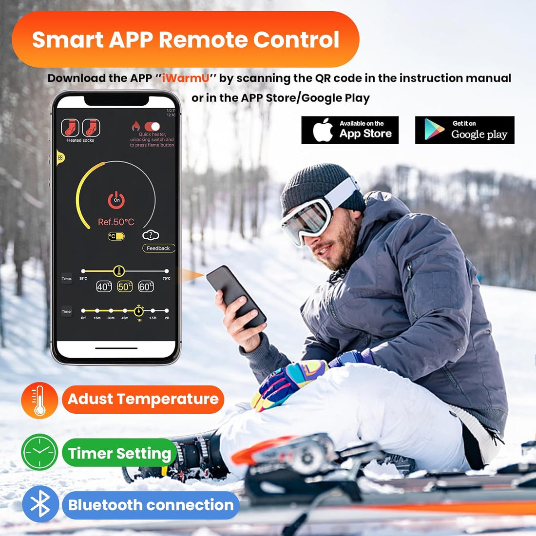 Heated Socks for Men Women, APP Remote Control Electric Heated Socks, 5V 5000mAh Rechargeable Battery Powered Heated Socks for Winter Skiing Hunting Fishing Camping