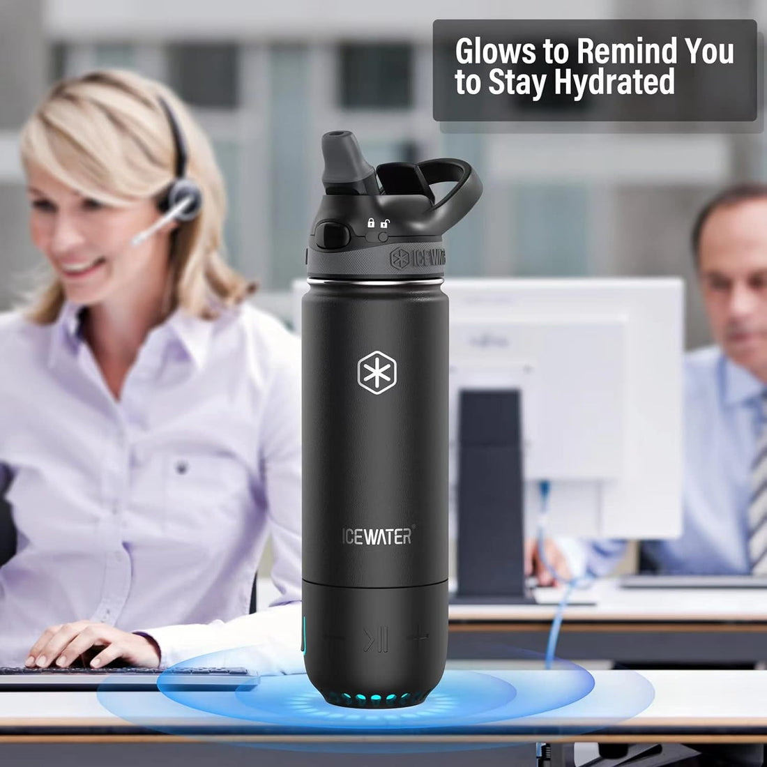 ICEWATER 3-in-1 Smart Water Bottle, Great Christmas Gift, Glows to Remind You to Keep Hydrated, Play Music & Dancing Lights, Vacuum Insulated, Stainless Steel, 18 oz (Insulated-Straw Lid, Black)