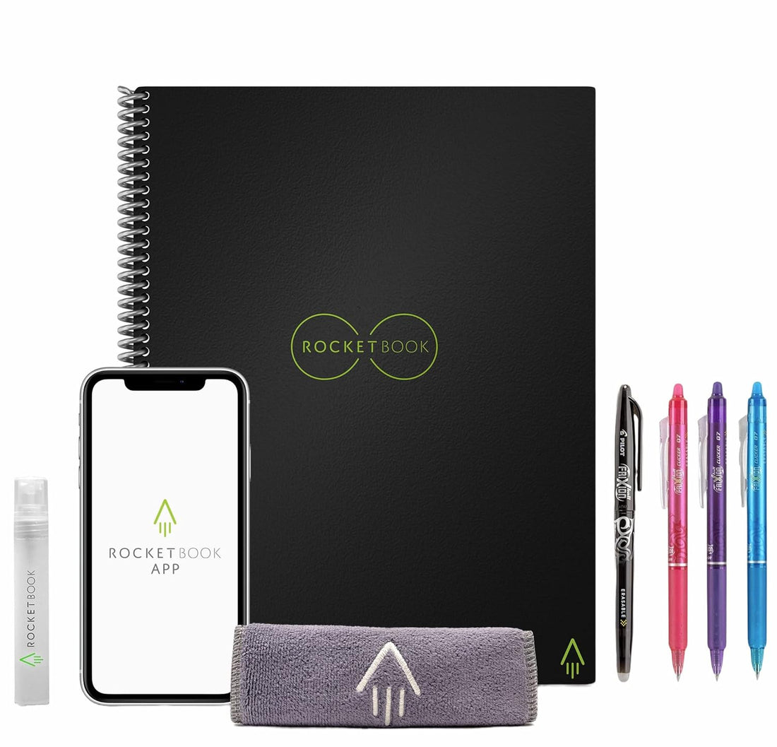 Rocketbook Notebook Smart Reusable Lined Eco-Friendly Notebook with 4 Colored Pilot Frixion Pens, 1 Microfiber Cloth, & 1 Rocketbook Spay Bottle - Infinity Black Cover, Letter Size (8.5" x 11")