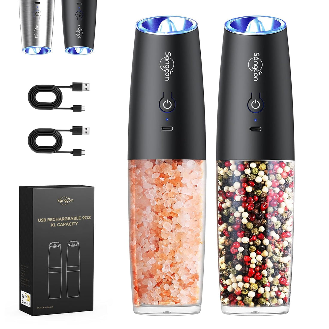 𝐔𝐩𝐠𝐫𝐚𝐝𝐞𝐝 Rechargeable 9oz Sangcon Gravity Electric Salt and Pepper Grinder Set - XL Capacity -No Battery Needed - LED Light One Hand Operation, Adjustable Coarseness Automatic Mill Shakers