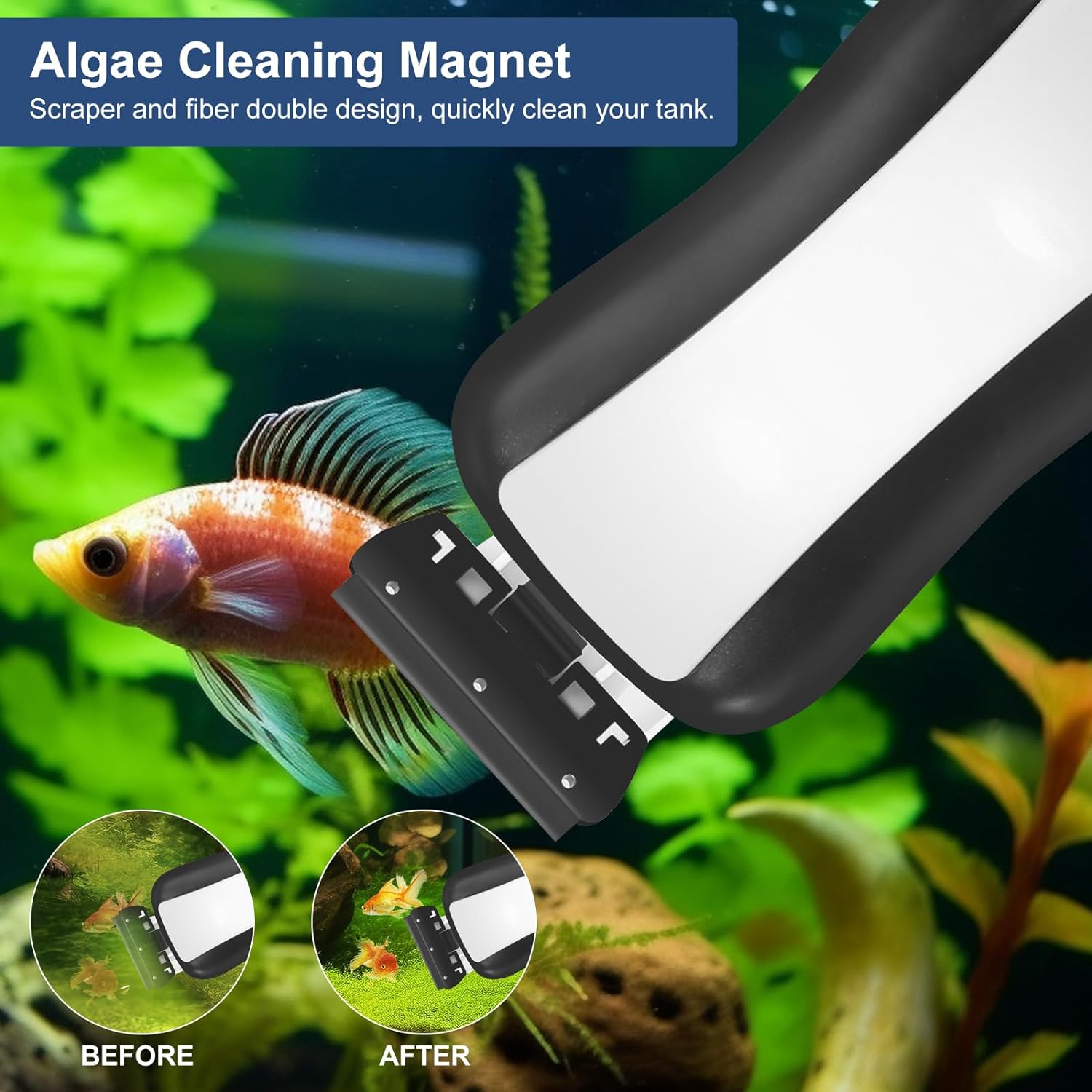 Magnetic Aquarium Strong Cleaner Brush, Fish Tank Glass Algae Magnet Cleaning Tool Floating Cleaner Scrubber Brush with Handle Design (M up to 1/5" 6MM)