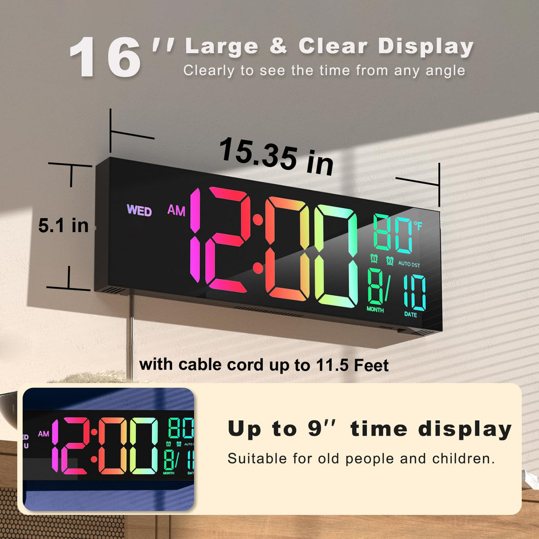 JALL 16" Large Digital Wall Clock with Remote Control, Dual Alarm with Big LED Screen Dispaly, 8 RGB Colors, Auto DST, Temperature for Living Room, Bedroom, Desk Decor, Mounted, Gift for Elderly