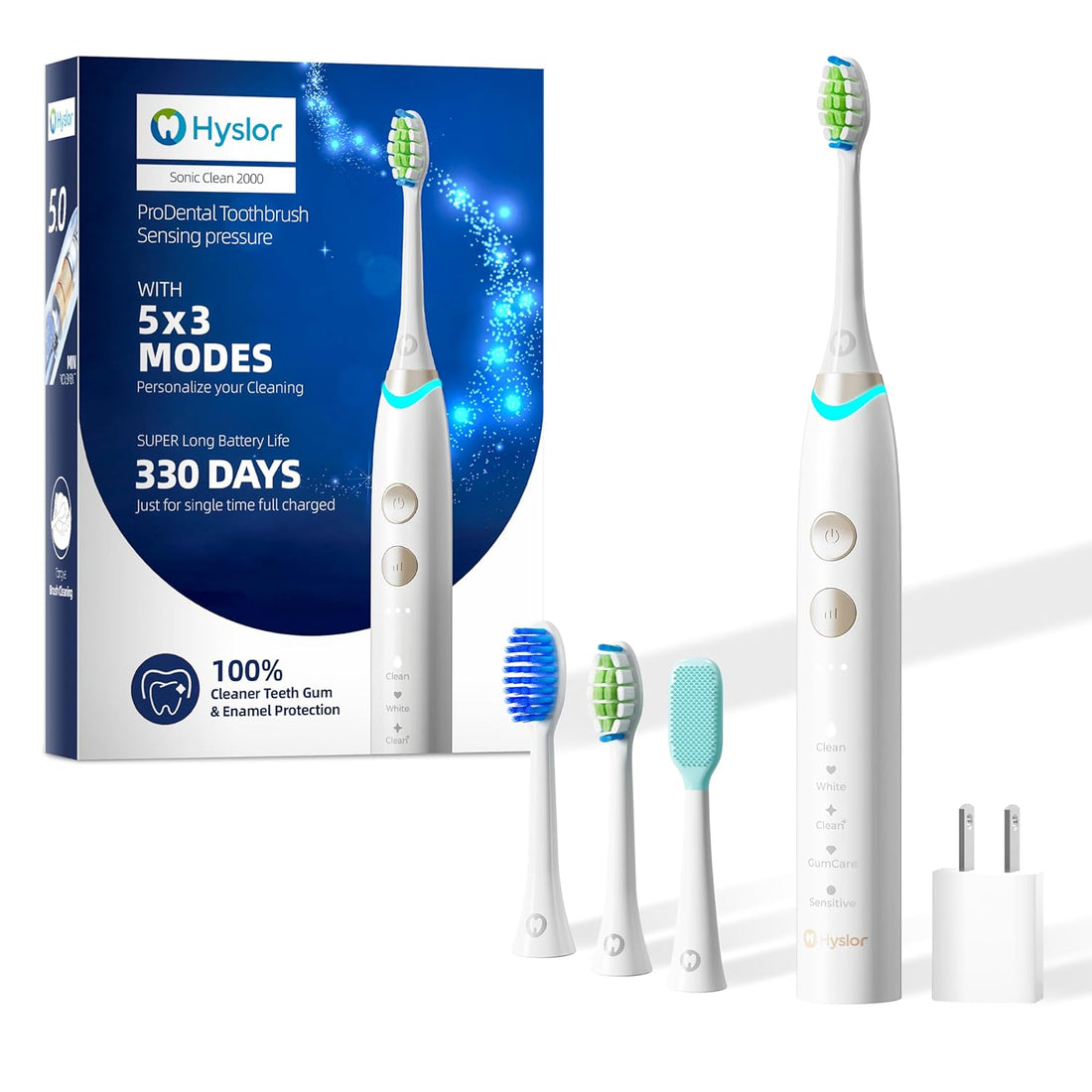 Hyslor Electric Toothbrush, Sonic Electric Toothbrush for Adult, 330 Days Use on One Charge, 5 Modes 3 Intensity Levels, Pressure Sensor, 2 Minute Timer, 30 Second Interval, Smart Memory Mode, IPX7