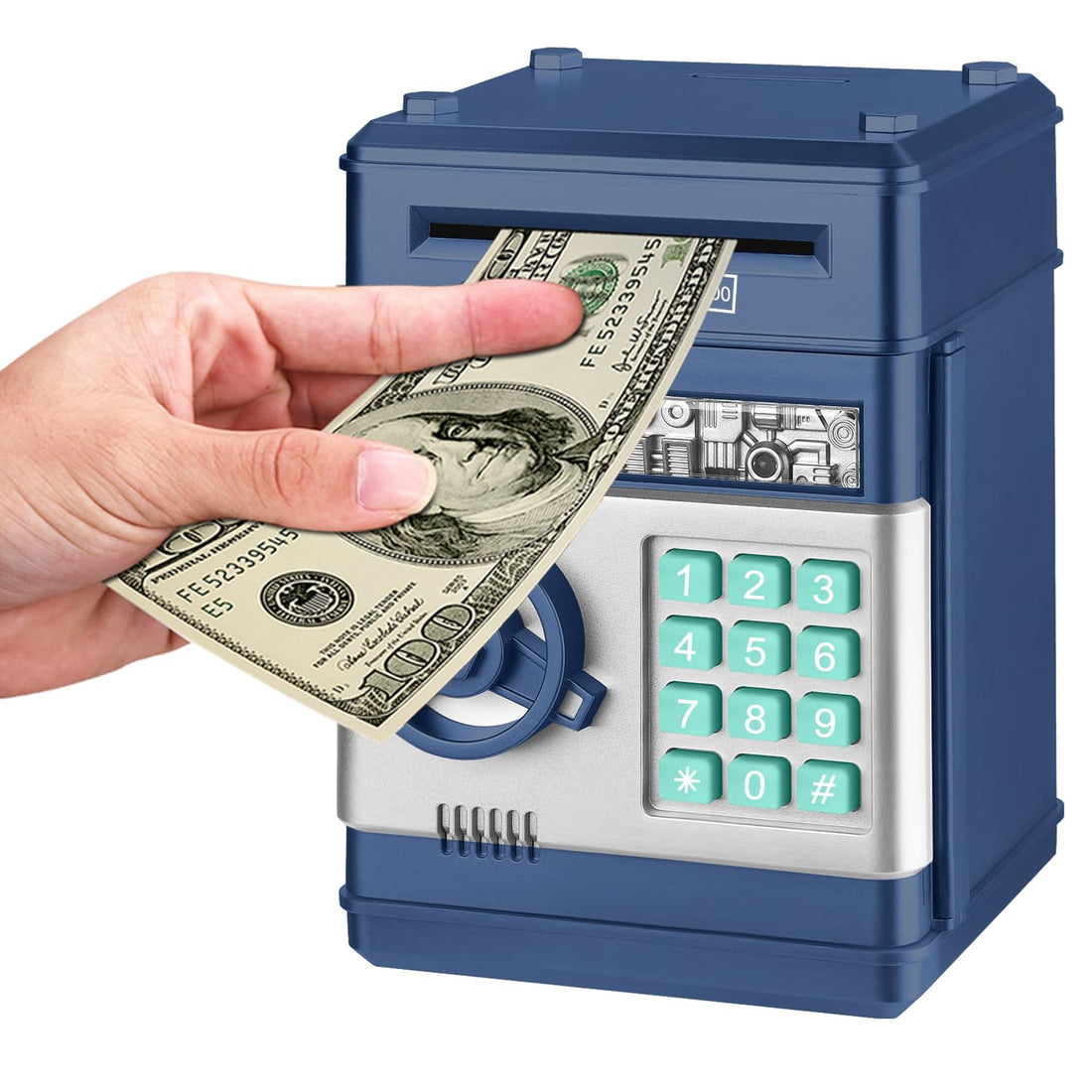 Renvdsa Cartoon Electronic ATM Password Piggy Bank Cash Coin Can Auto Scroll Paper Money Saving Box Gift for Kids (Navy Blue)