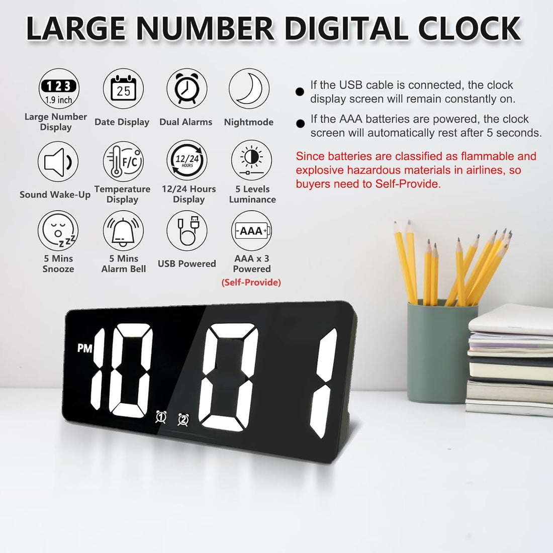 SAVTON Alarm Clock, Alarm Clocks for Bedrooms, Large Number Thermometer for House, 5 Dimmable Brightness Indoor Thermometer Display for Kids Elderly