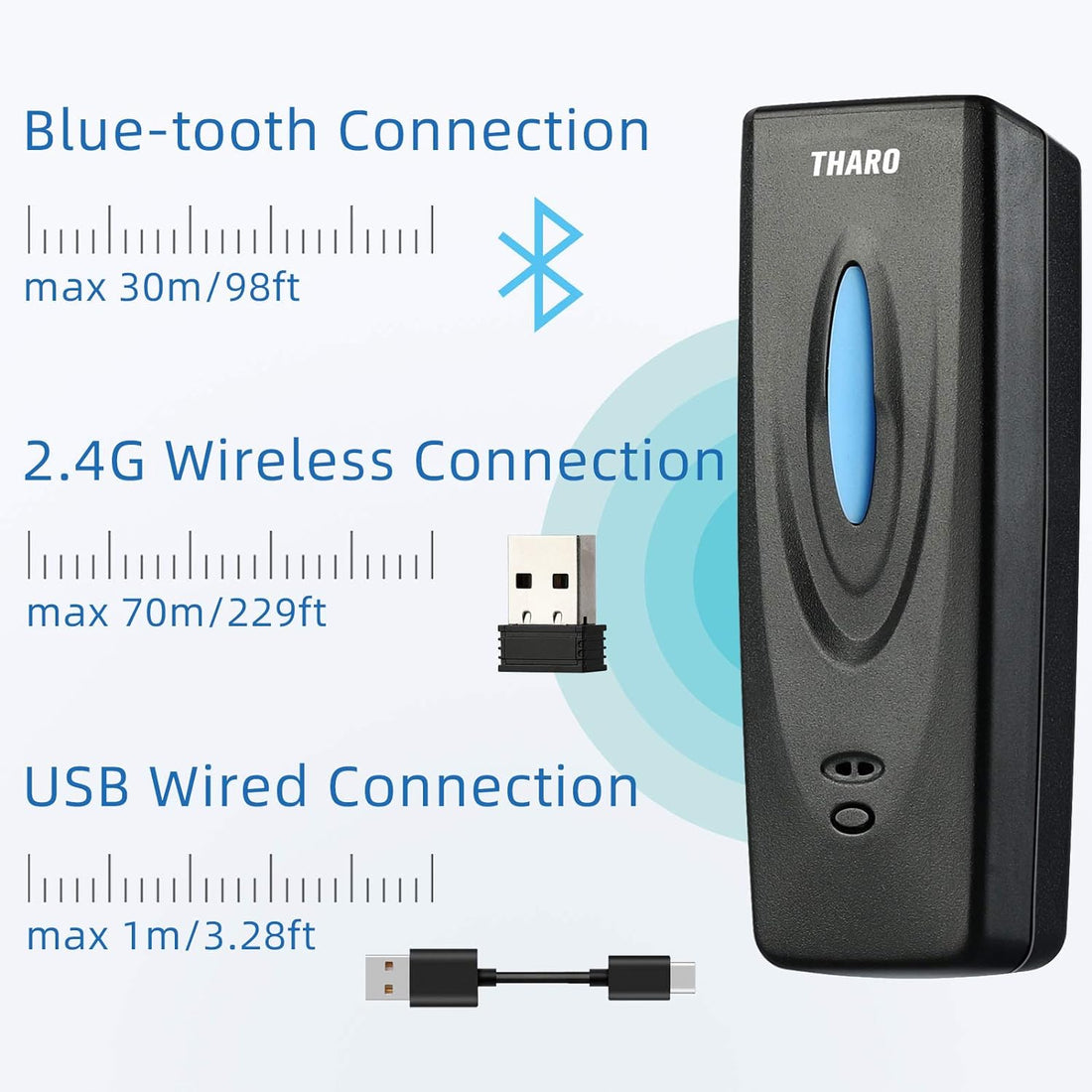 THARO M5 1D Portable Mini 3 in 1 Bluetooth Scanner, Compatible with Bluetooth Function & 2.4GHz Wireless & Wired Connection Work with Windows, Mac,Android, iOS Phones, Tablets or Computers (Black)