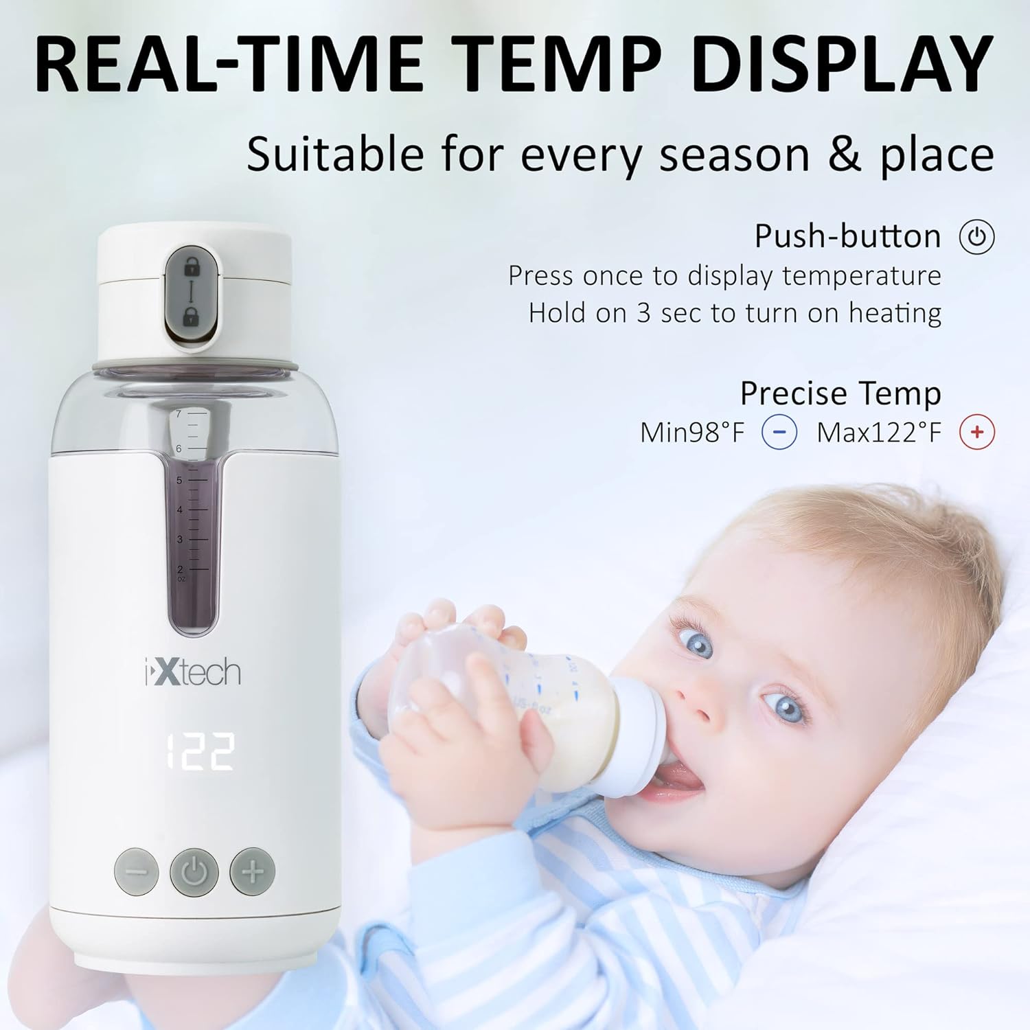 IXTECH Portable Water Warmer for Baby Formula, Milk, 8 oz., Electric Warming with Adjustable Temperature Control, Leak-Resistant Spout, Rechargeable and Wireless