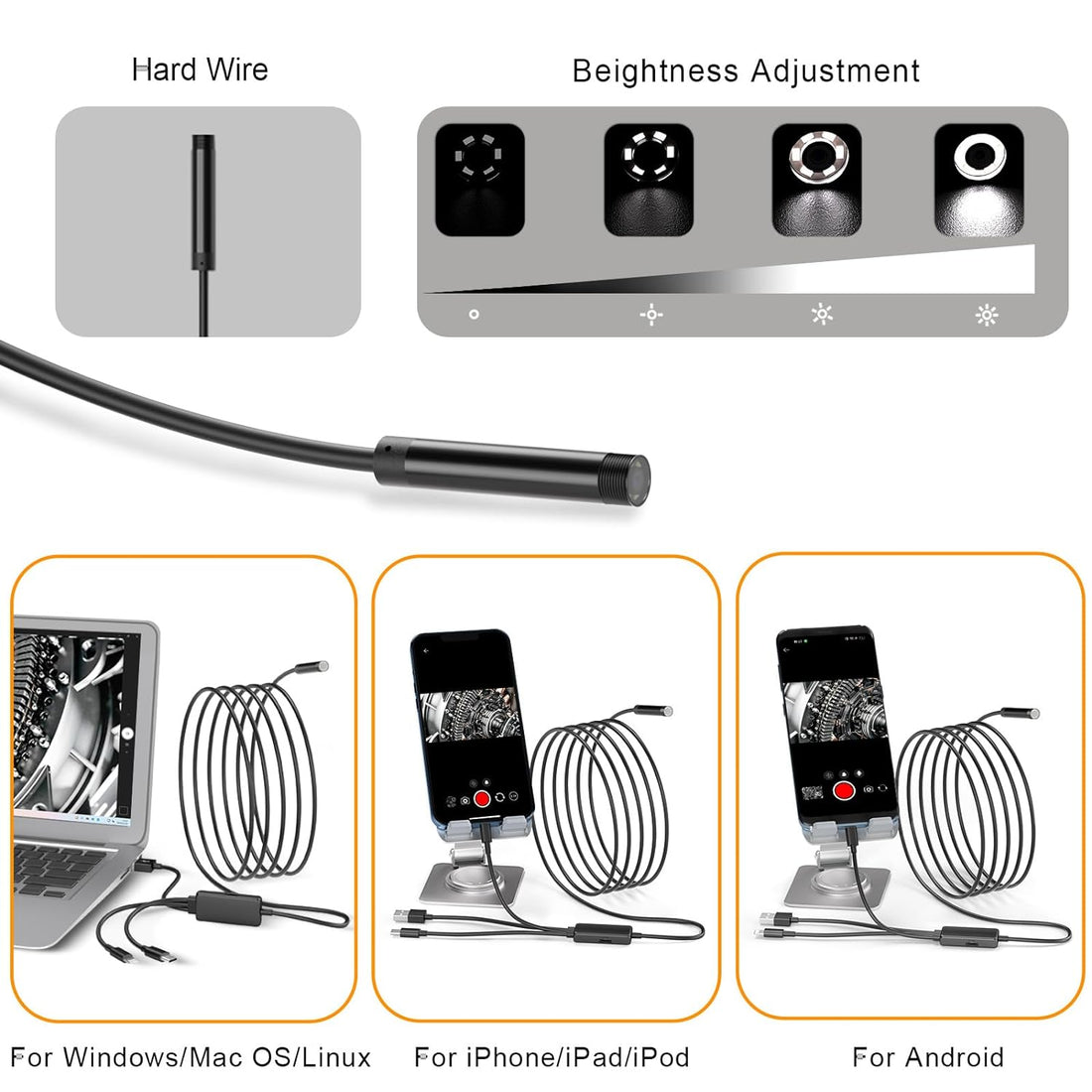 Endoscope Camera with Light, 1920P HD Borescopes with 6 Adjustable LEDs, 16.4FT IP67 Waterproof Inspection Camera 5.5mm semi-Rigid Snake Cable, 3 in 1 Endoscope Camera