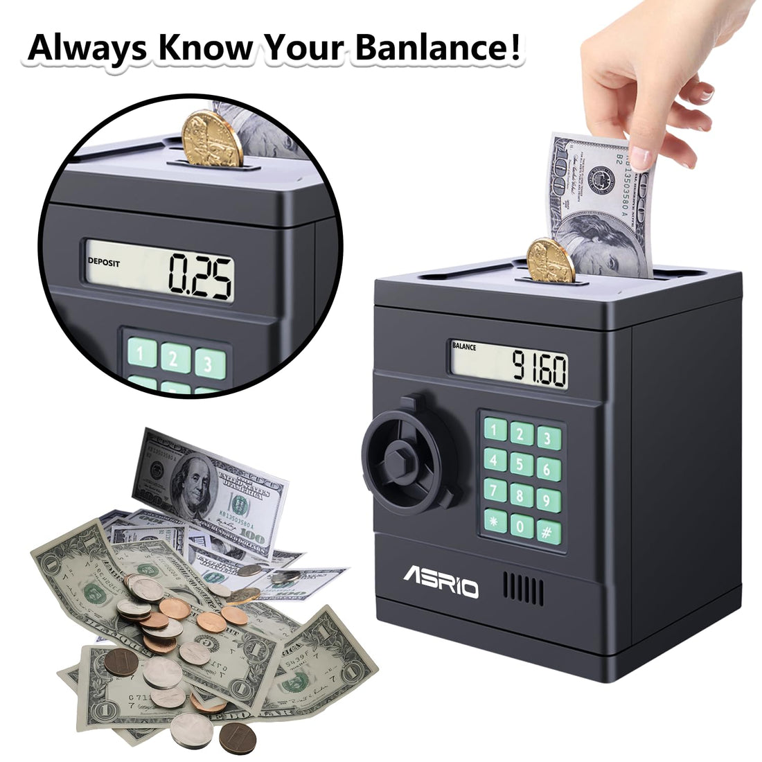 ASRIO ATM Piggy Bank Girls for Boys Kids, ATM Piggy Bank for Real Mony-Black