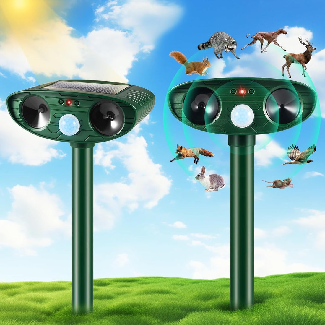 Jahy2Tech Animal Repeller Ultrasonic Solar Power Pest Repeller Outdoor with Motion Sensor Flashing Light Ultrasonic Cat Repellent Scare Away Skunk Dog Deer Fox Raccoon Squirrel Coyote Deterrent,2 Pack