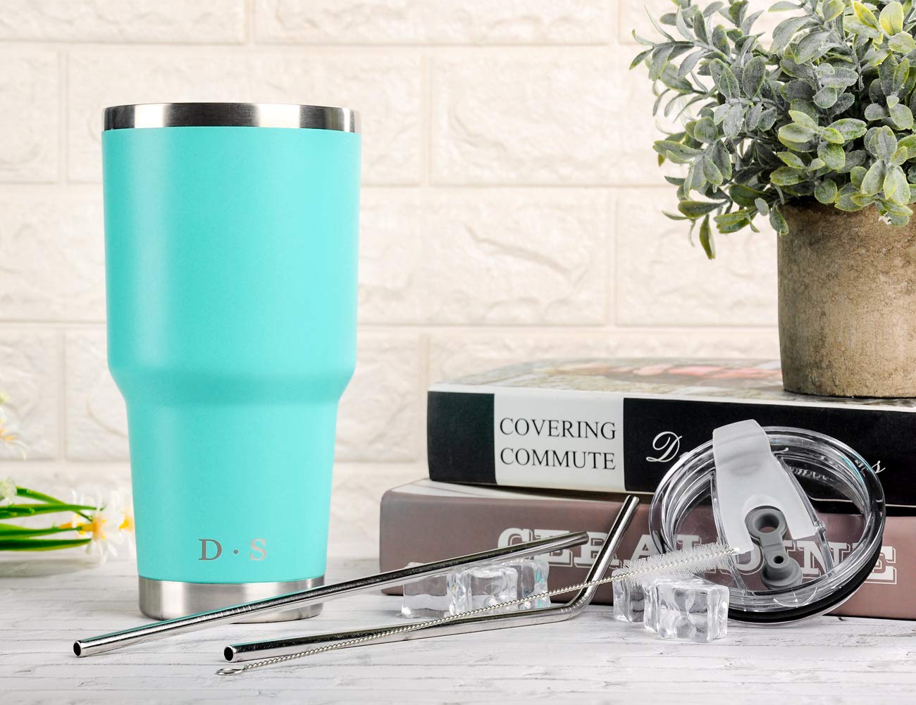 D·S 30oz Mint Tumbler Stainless Steel Double Wall Vacuum Insulated Mug with Straw and Lid, Cleaning Brush for Cold and Hot Beverages