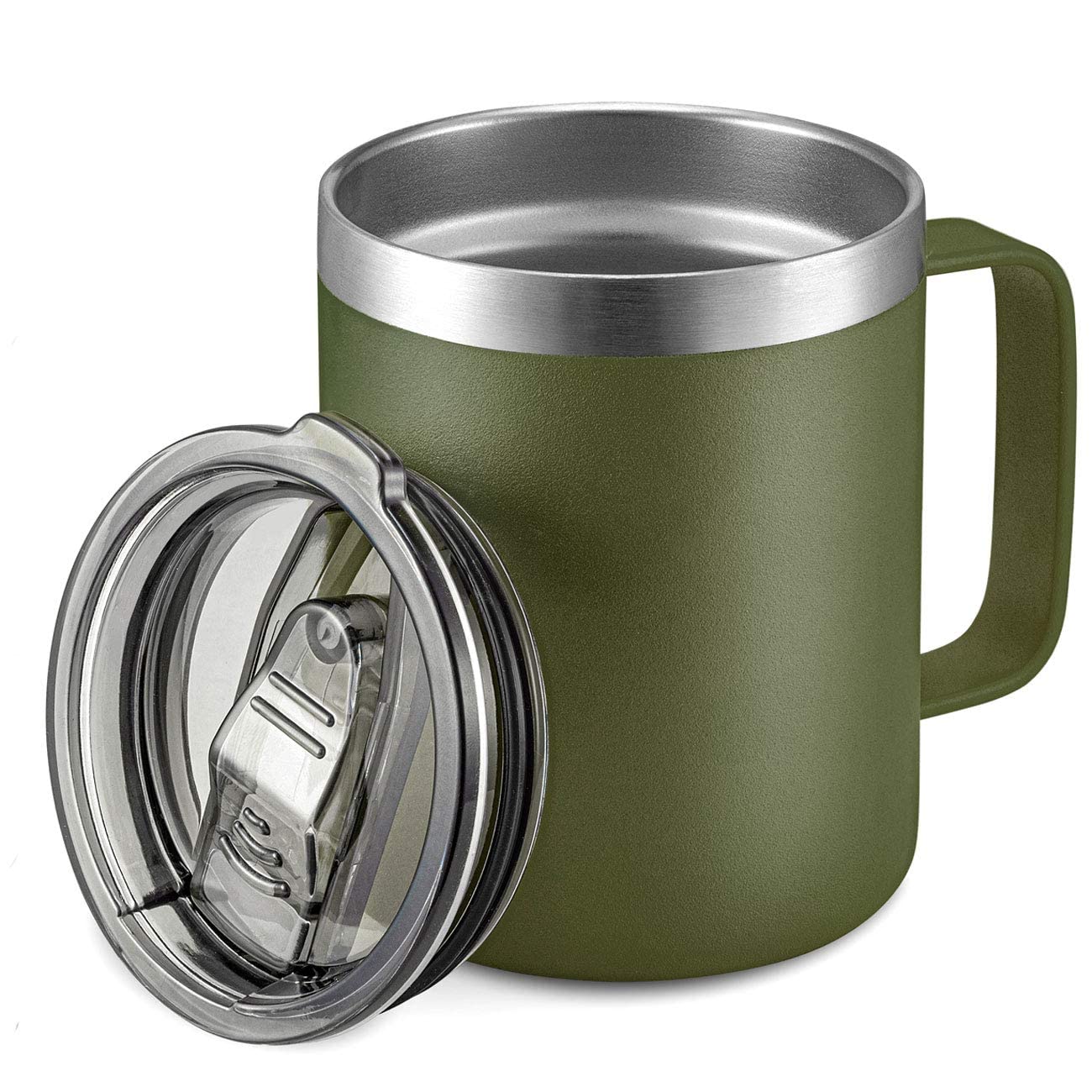 ALOUFEA 12oz Stainless Steel Insulated Coffee Mug with Handle, Double Wall Vacuum Travel Mug, Tumbler Cup with Fliping Lid, Navy and Army Green