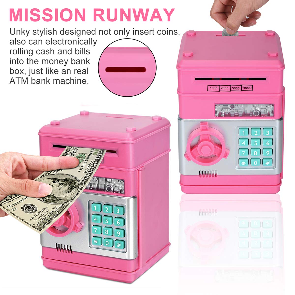 Adsoner Toy Piggy Bank, Electronic ATM Password Cash Coin Can Auto Scroll Paper Money Saving Box Gift for Kids (Light Pink)