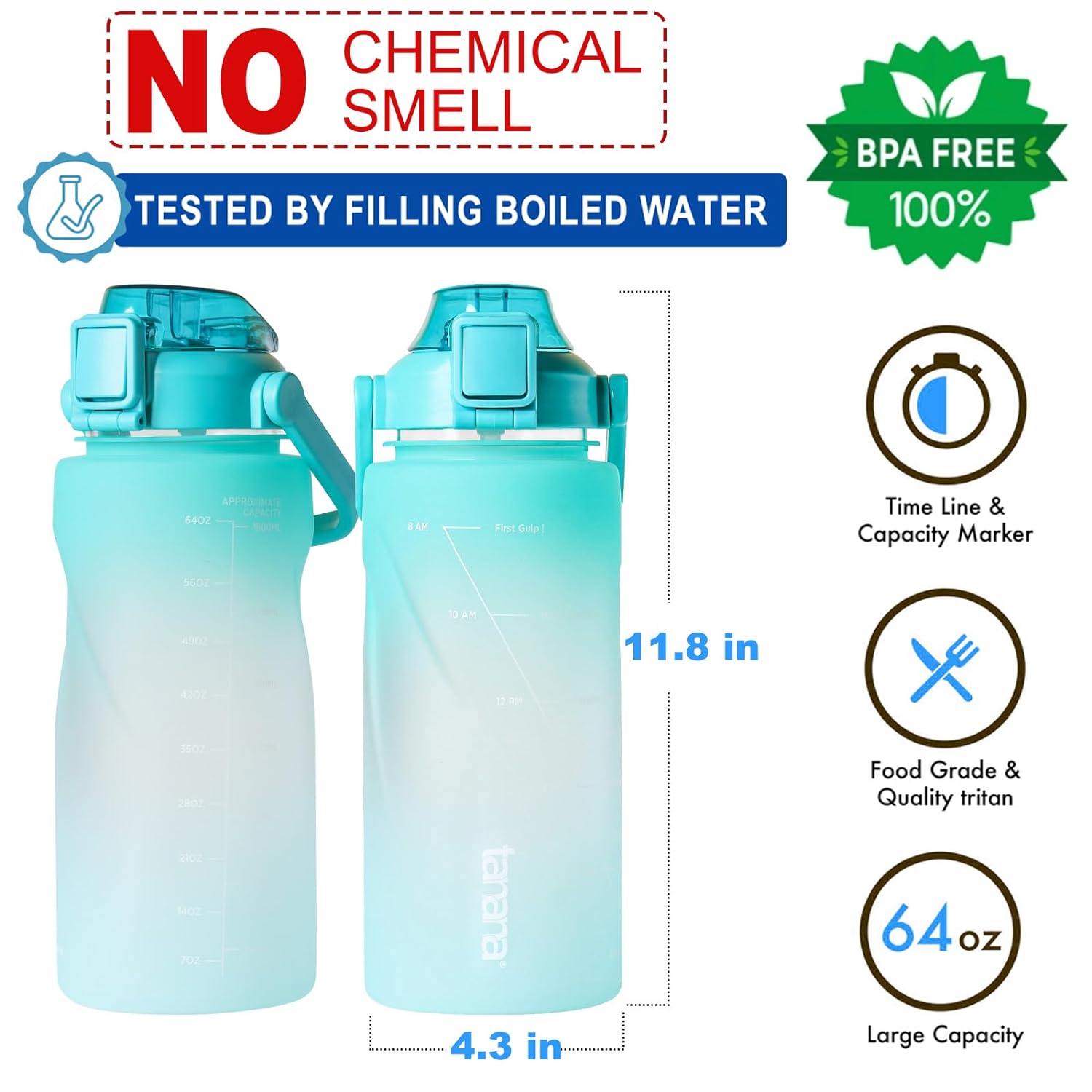 TANANA 64oz Half Gallon Water Bottle With Sleeve, No Chemical Smell, No Leaking, Tritan/BPA Free Water Bottles with Time Marker/Straw (Light Green Gradient)