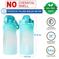 TANANA 64oz Half Gallon Water Bottle With Sleeve, No Chemical Smell, No Leaking, Tritan/BPA Free Water Bottles with Time Marker/Straw (Light Green Gradient)