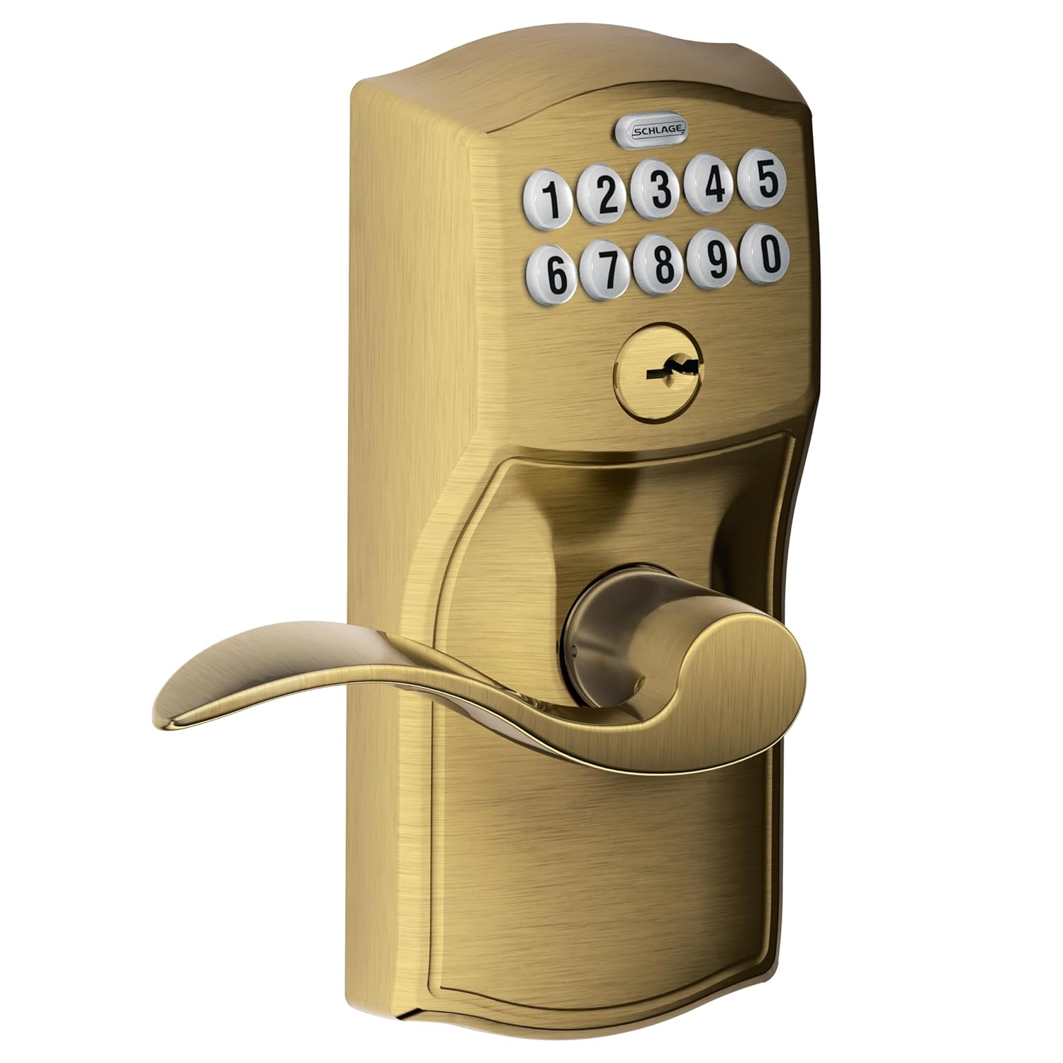 Schlage FE595 CAM 609 Acc Camelot Keypad Entry with Flex-Lock and Accent Levers, Antique Brass