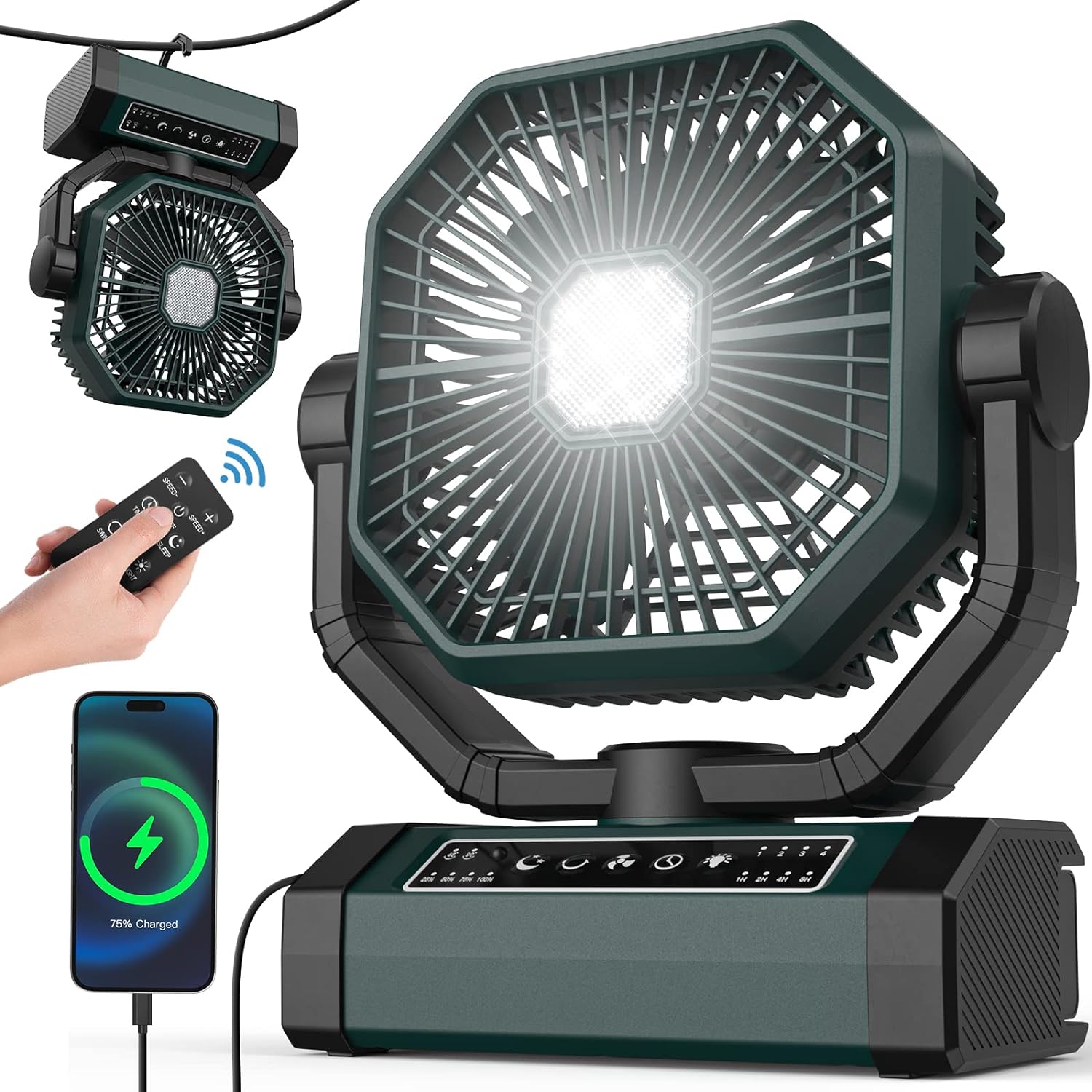 Battery Powered Fan for Camping - 9-Inch Camping Fan with Light - 30Hrs Rechargeable Fan Portable - Outdoor - Tent Fan with Remote, 4 Speeds, 4 Timing, Auto Oscillating Camp Fan for Tent