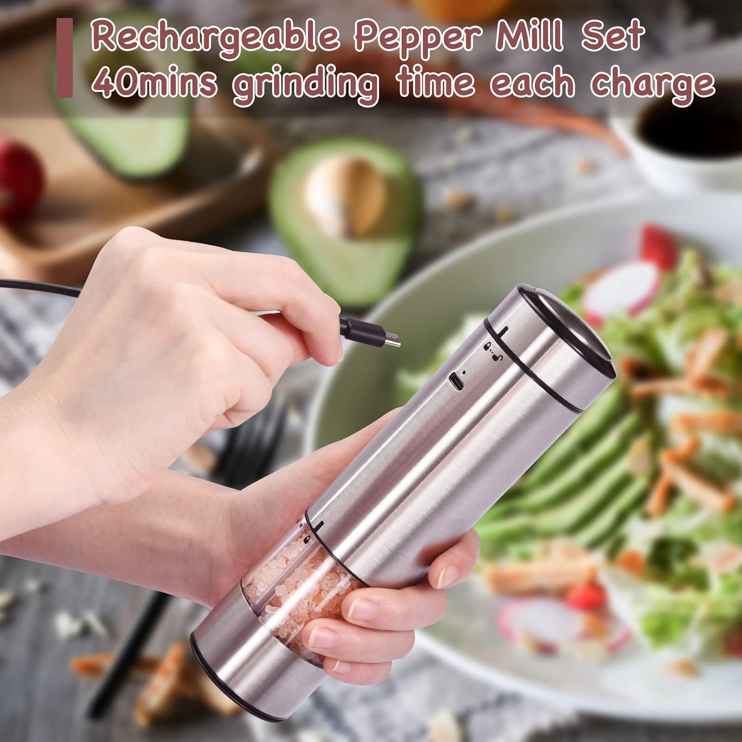 Tovendor Salt and Pepper Grinder Set, Stainless Steel Brushed Pepper Mill with Bright Light, Adjustable Coarseness, Rechargeable Battery Powered (One Handed Operation, Set of 2)