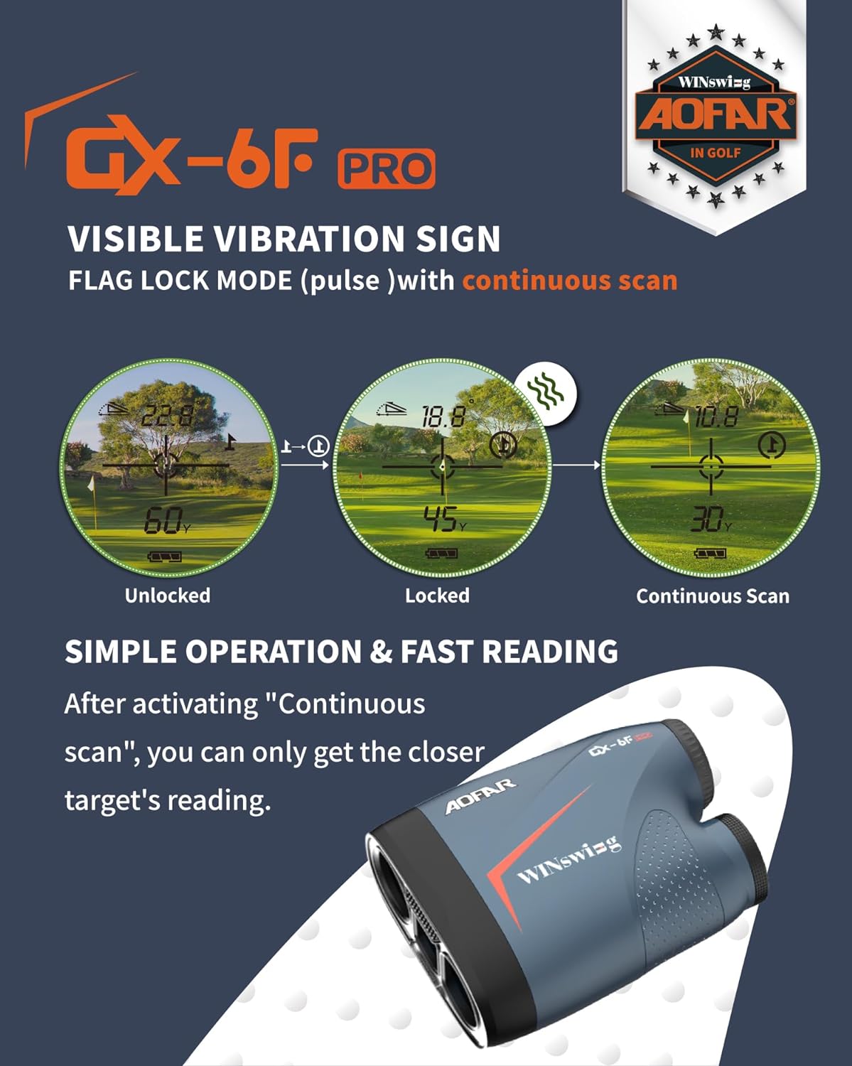 AOFAR GX-6F PRO Golf Rangefinder Update Version, with Slope and Angle Switch, Flag Lock with Pulse Vibration and Closer Scanning, Continuous Scan, Measures up to 600 Yards, Readings Fast and Accurate