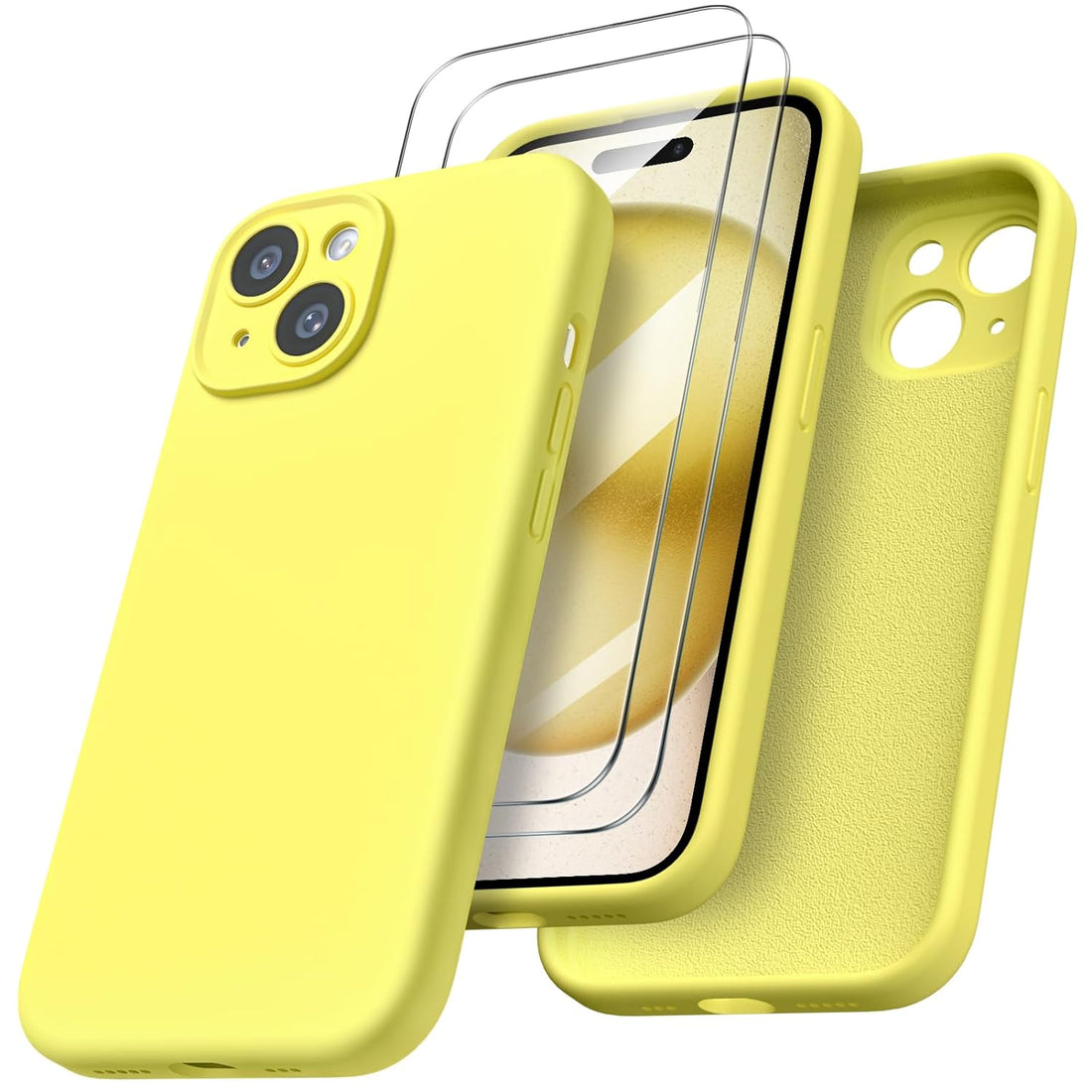 ORNARTO Designed for iPhone 15 Case with Screen Protector [2 Pack], Liquid Silicone Gel Rubber Cover [Full Body] Shockproof Case for iPhone 15 6.1 inch-Lemon Yellow
