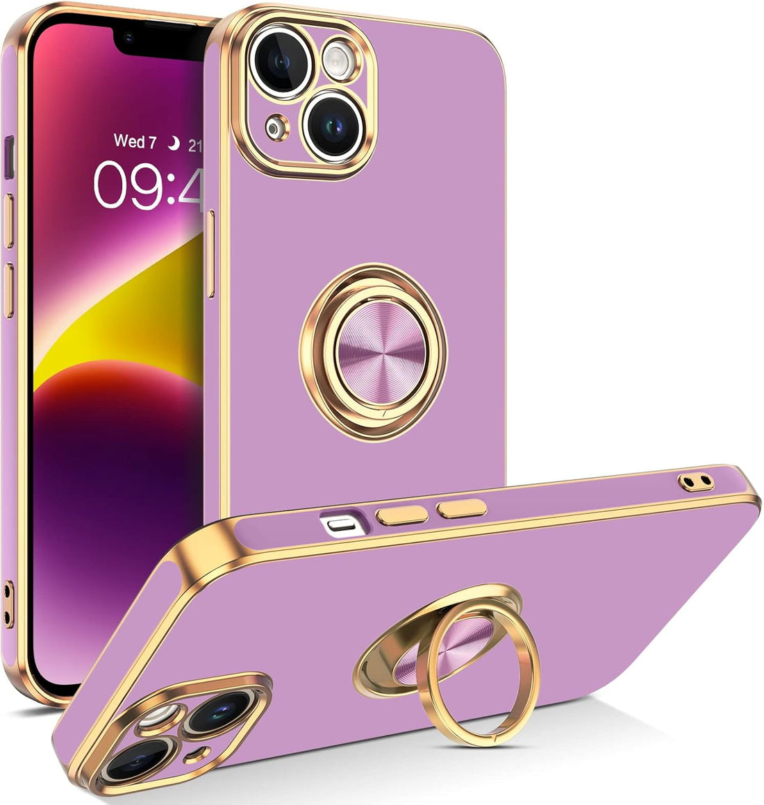 BENTOBEN iPhone 14 Plus Case, Phone Case iPhone 14 Plus 2022, Slim Fit Kickstand Ring Holder Shockproof Protection Soft TPU Bumper Drop Protective Girls Women Boys Men iPhone 14Plus Cover, Purple/Gold