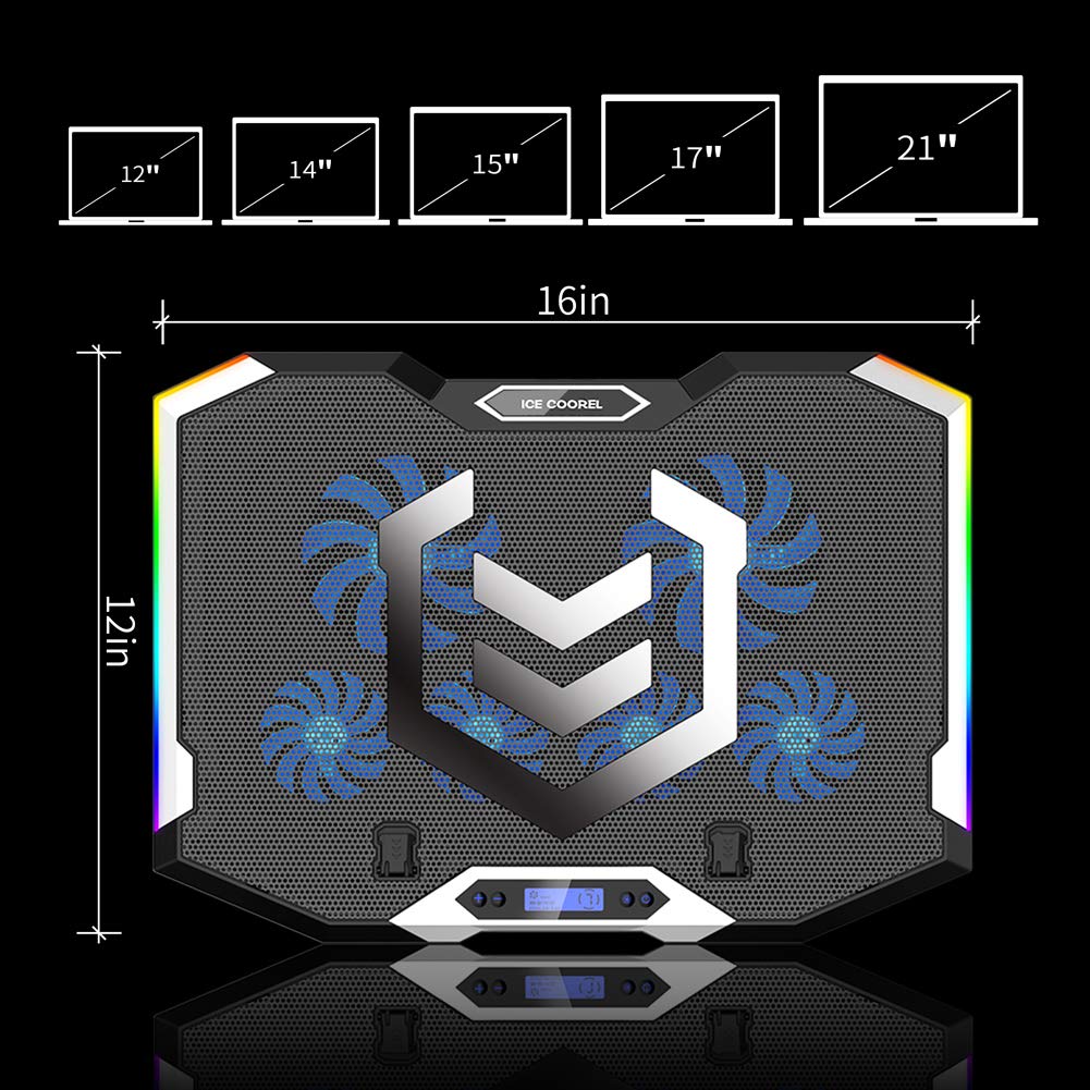 ICE COOREL RGB Laptop Cooling Pad for 15.6-17.3 Inch,Gaming Laptop Cooler with 6 Quiet Cooling Fans and 6 Stand Height Adjustable,LCD Screen and Rainbow Lights,Two USB Ports and One Phone Stand
