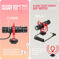 Movo DoubleMic V2 Two-Sided Supercardioid Video Shotgun Microphone for iPhone, Android, Smartphones or DSLR Camera - Dual Capsule External Mic with Improved Wind Protection - Latest Version