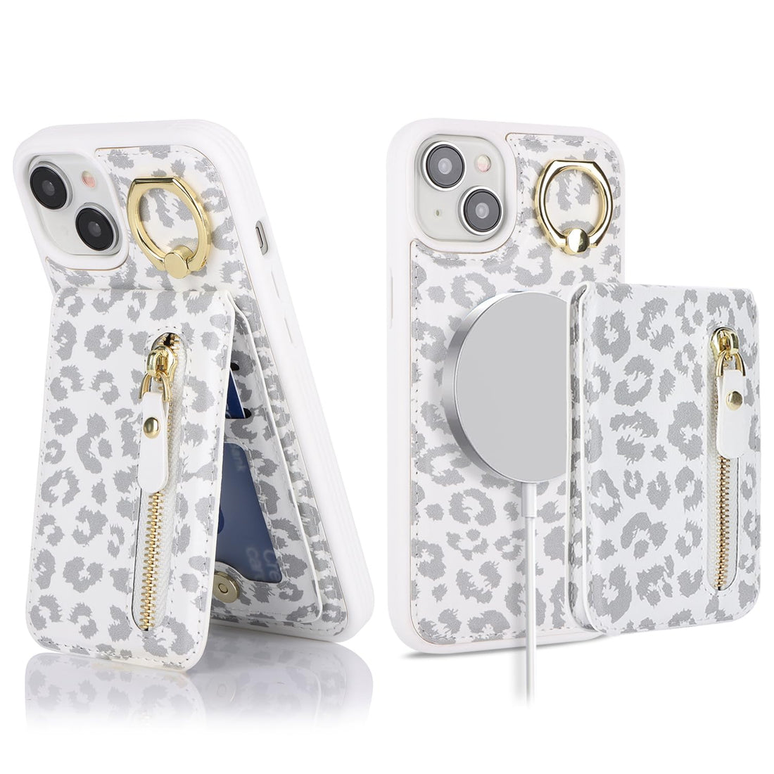 Ｈａｖａｙａ for iPhone 14 Plus Case with Card Holder iPhone 14 Plus Phone case magsafe Compatible for Women Leather Zipper Phone Wallet Detachable 2-in-1 Magnetic for Men-White Leopard Print