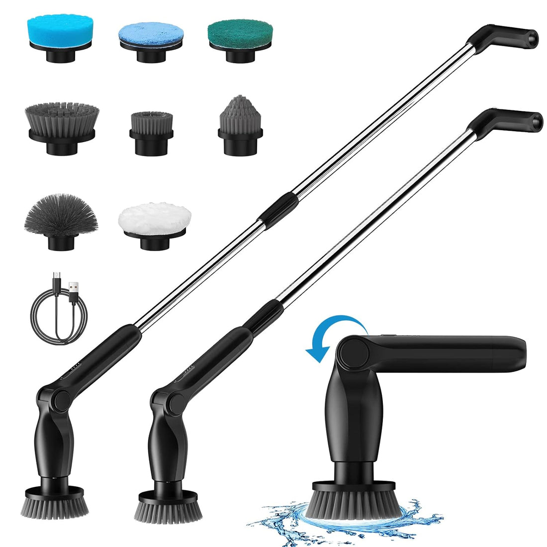 Electric Spin Scrubber, Leebein 2023 Cordless Cleaning Brush with Long Handle and 8 Replaceable Brush Heads, 2 Rotating Speed Shower Scrubber for Bathroom Tub, Floor, Tile, Kitchen, Car Wash (Black)