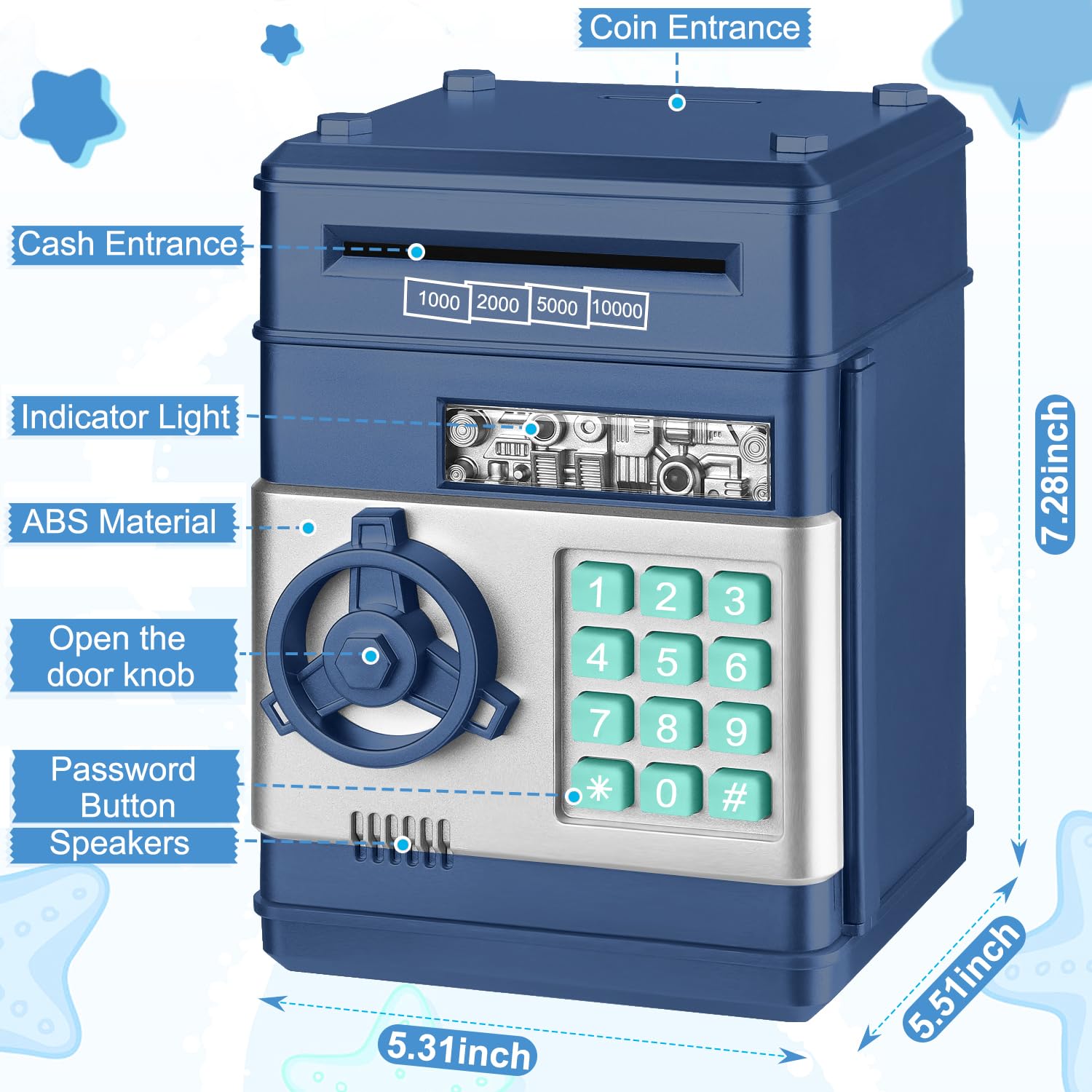 Renvdsa Cartoon Electronic ATM Password Piggy Bank Cash Coin Can Auto Scroll Paper Money Saving Box Gift for Kids (Navy Blue)