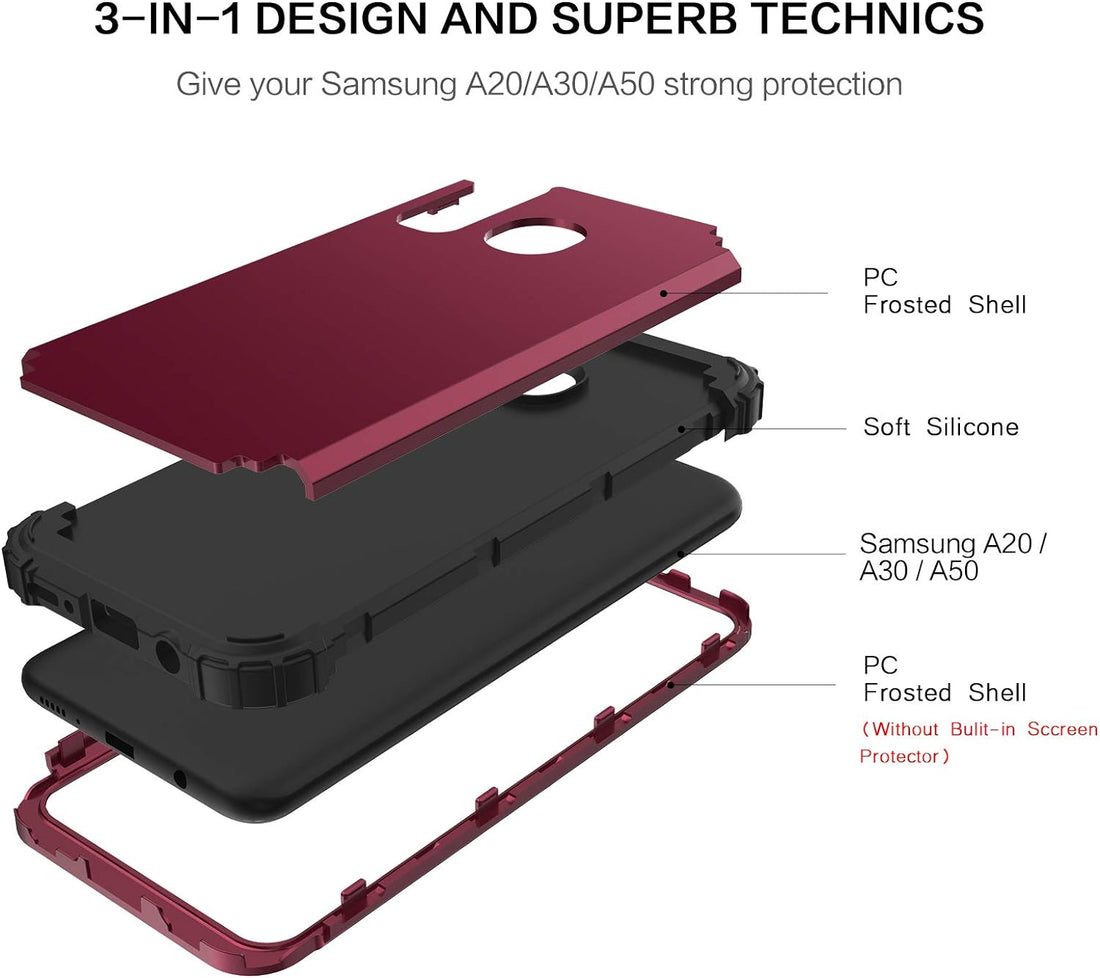 BENTOBEN Samsung Galaxy A50/A30/A20 Case, 3 Layer Hybrid Hard PC Soft Rubber Heavy Duty Rugged Bumper Shockproof Anti Slip Full-Body Protective Phone Cover for Samsung Galaxy A50/A30/A20, Wine Red