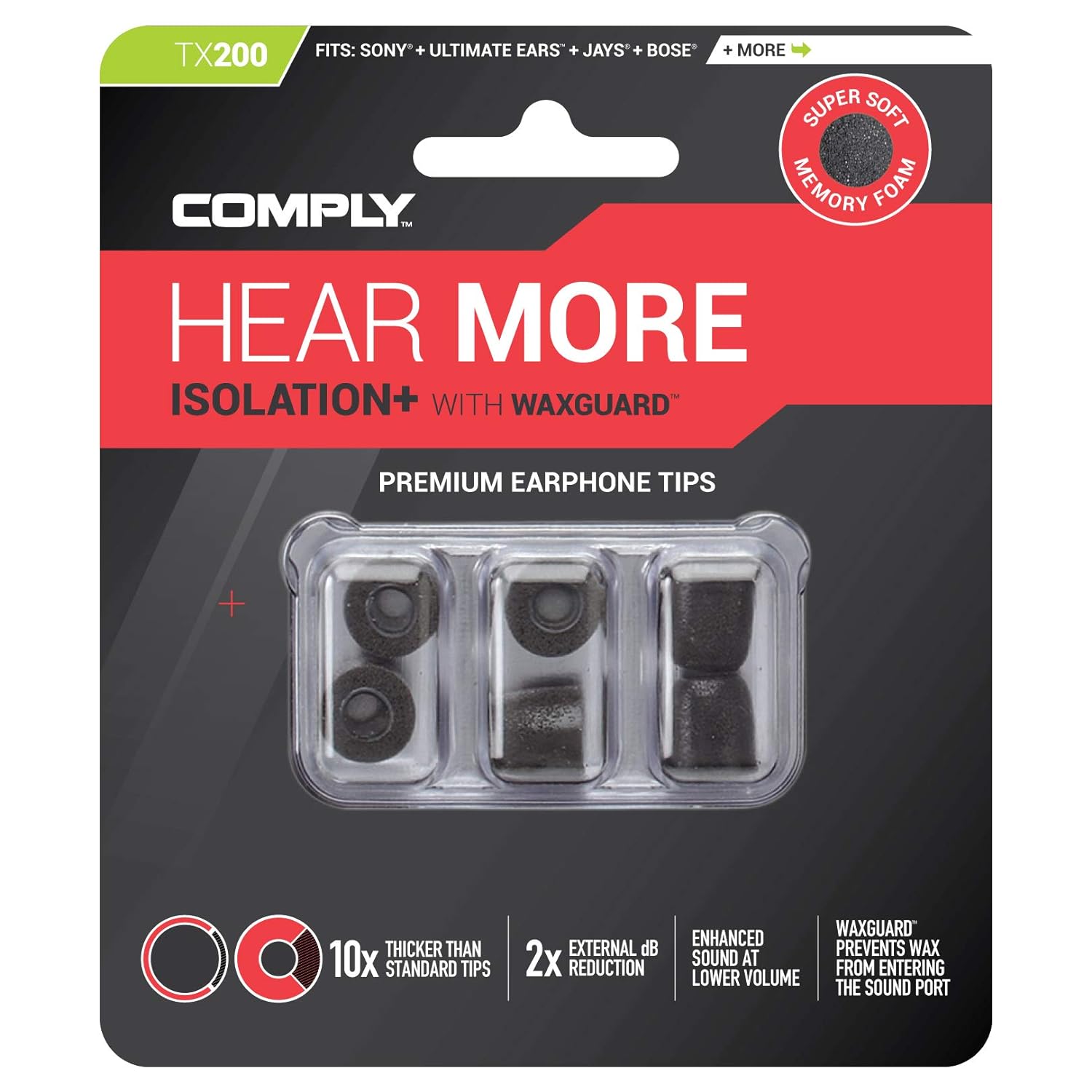 Comply Tx-200 Isolation Plus Earphone Tips (Black, 3 Pairs, Large)