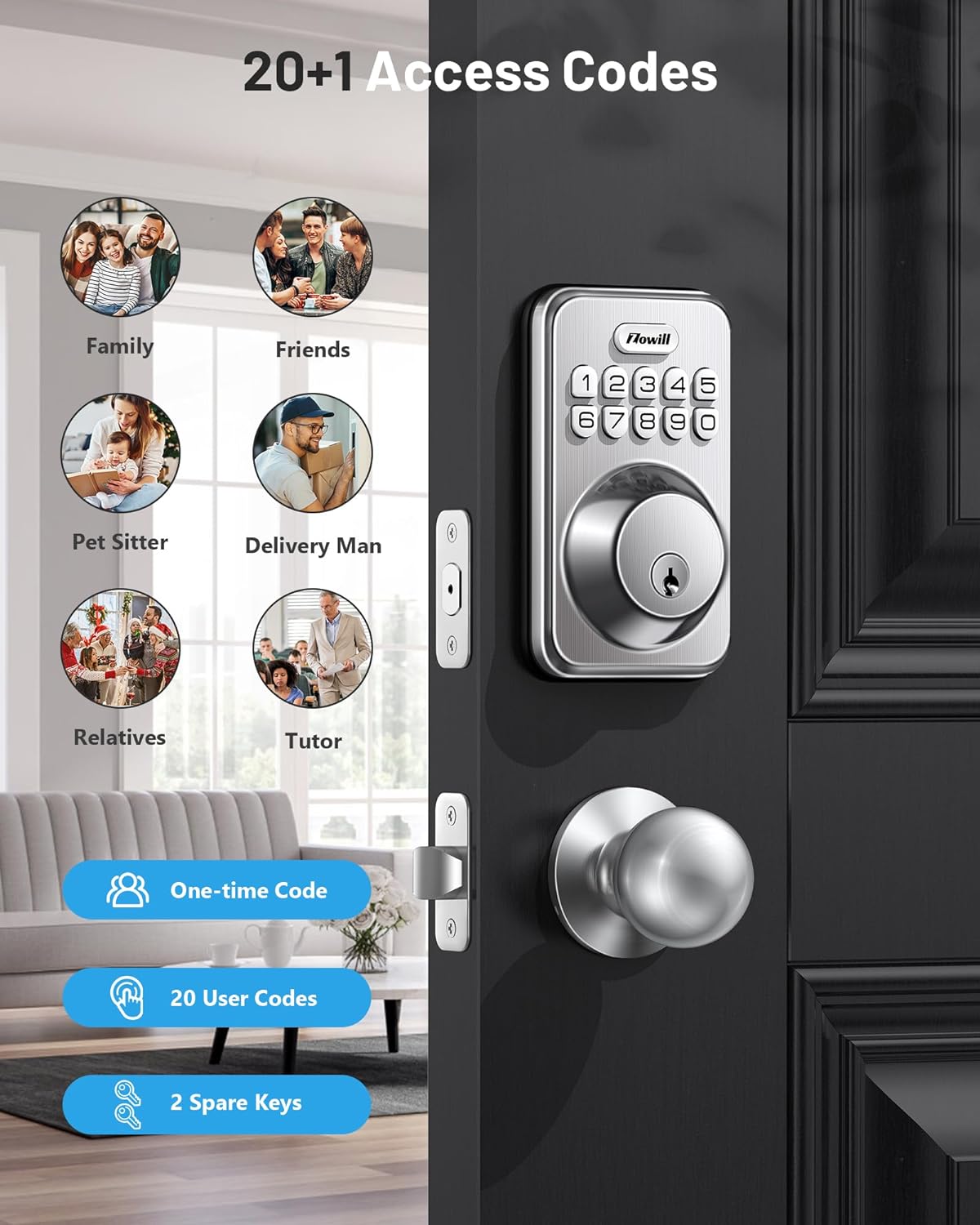 Keyless Entry Door Lock with 2 Knobs, Zowill DK01K Keypad Door Lock with Handle, Front Door Lock Set, Auto Lock, One-Touch Lock, One Time Code, IP54 Waterproof, Easy Installation - Satin Nickel