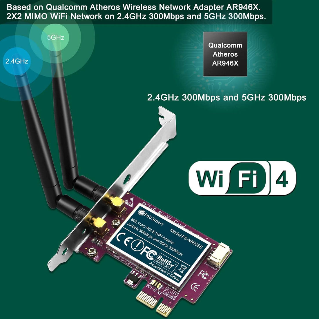 FebSmart Wireless Dual Band N600 PCIE Wi-Fi Adapter with Bluetooth 4.0 for Windows XP,7,8,8.1 10 and Windows Server (32/64bit) Desktop PCs-2.4GHz 300Mbps or 5GHz 300Mbps PCIE Wi-Fi Card (FS-N600BT)