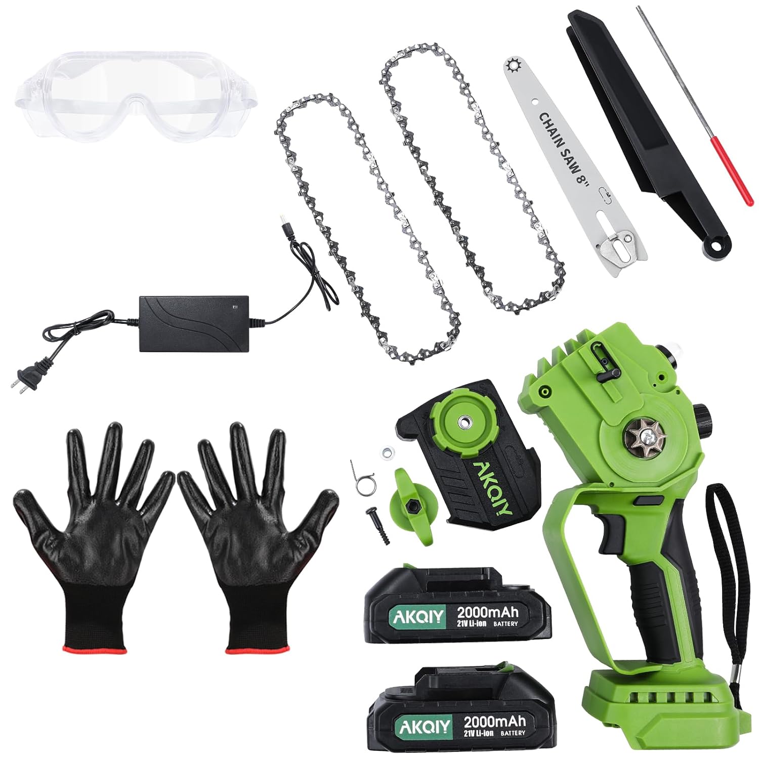 Mini Cordless Electric Chainsaw Kit -21V Upgrade Brushless Motor Portable One-Handed Rechargeable 8 Inch 450W Electric Chainsaw for Tree Trimming Branch Wood Cutting（2 Batteries,2 Chains)