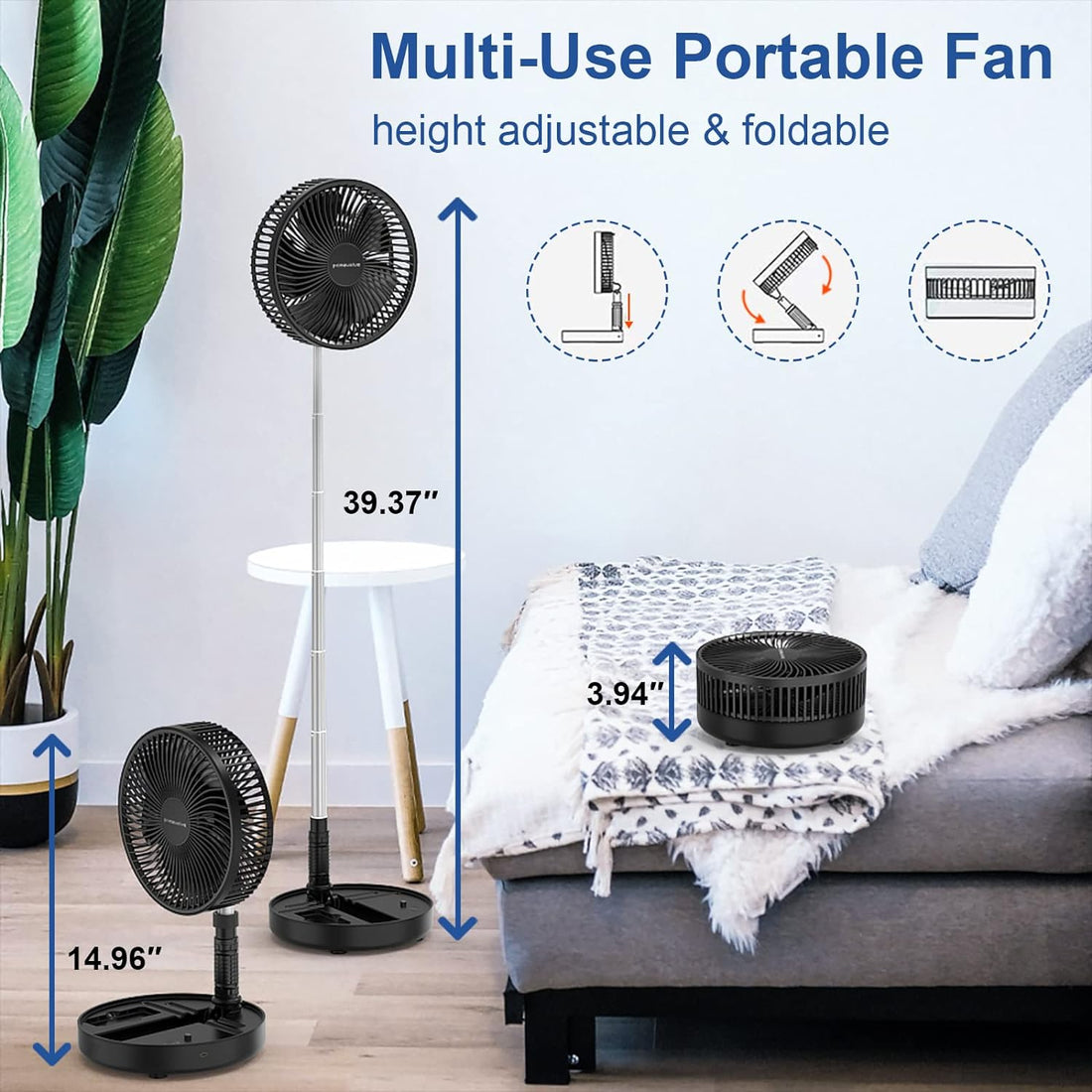 Primevolve 8.7 inch Battery Operated Fan for Bedroom with Remote, Rechargeable Portable USB Fan with Adjustable Height for Camping Tent Travel Black
