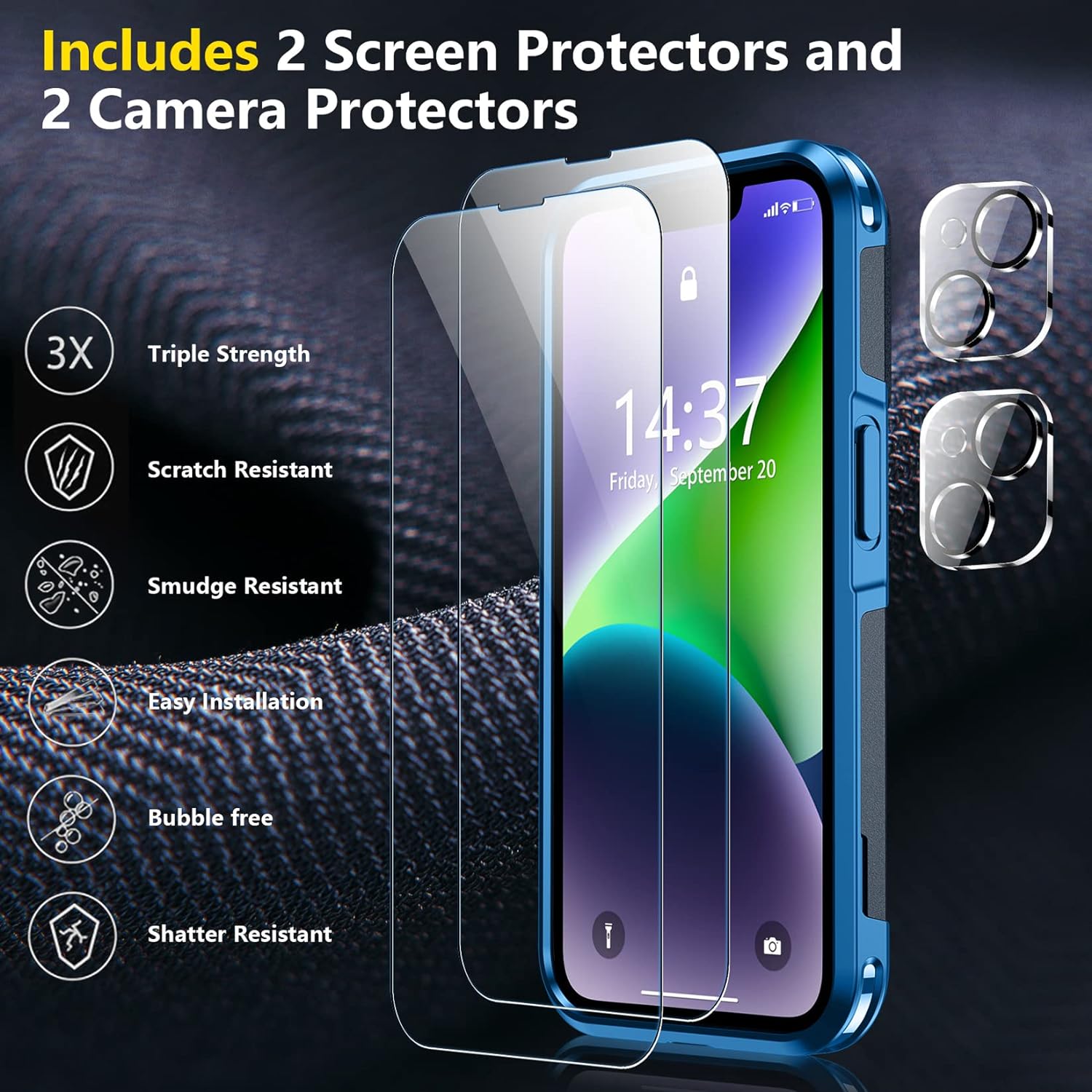 SPIDERCASE for iPhone 14 Case, [15 FT Military Grade Drop Protection][Non-Slip] [2+Tempered Glass Screen Protectors][2+Tempered Camera Lens Protectors] Heavy Duty Shockproof Case, Dark Blue
