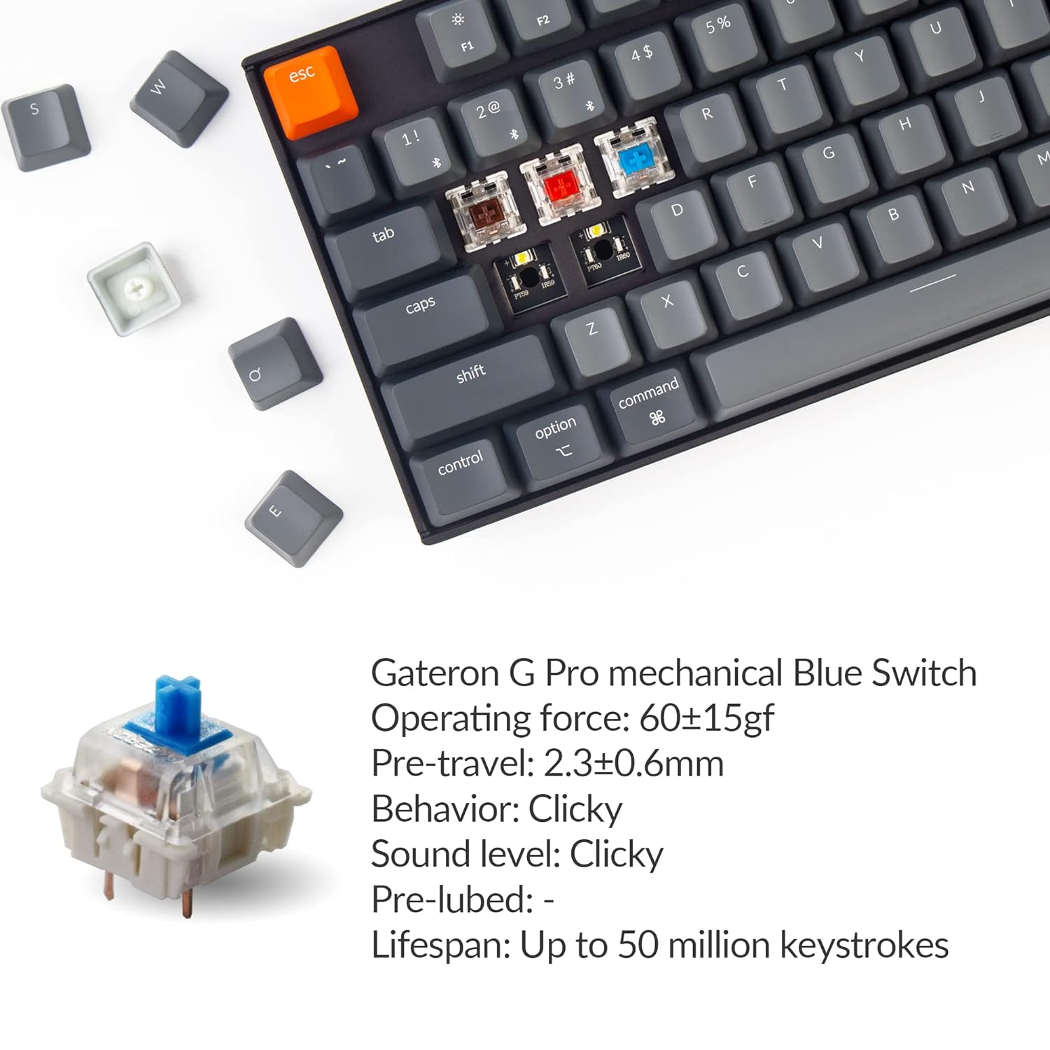 Keychron K8 Hot-swappable Wireless Bluetooth 5.1/Wired USB Mechanical Gaming Keyboard, Tenkeyless 87 Keys RGB Backlight Computer Keyboard Gateron Blue Switch N-Key Rollover for Mac Windows