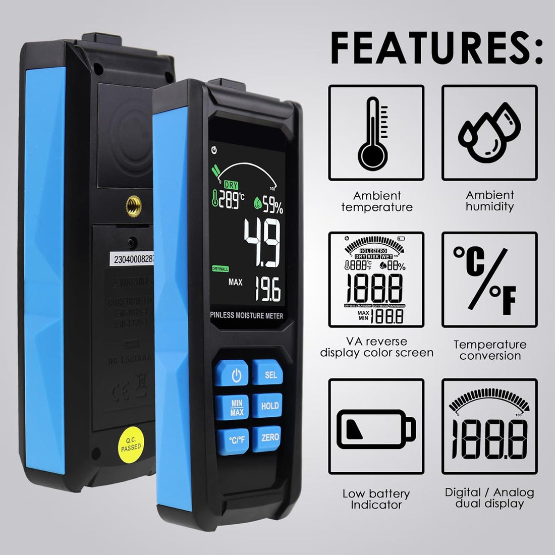 Pinless Moisture Meter, Drywall Moisture Detector with Backlit Color LCD Display for Dampness Detection in Plaster, Wood, and Concrete,Accurate Wall Moisture Sensor Digital Humidity Tester